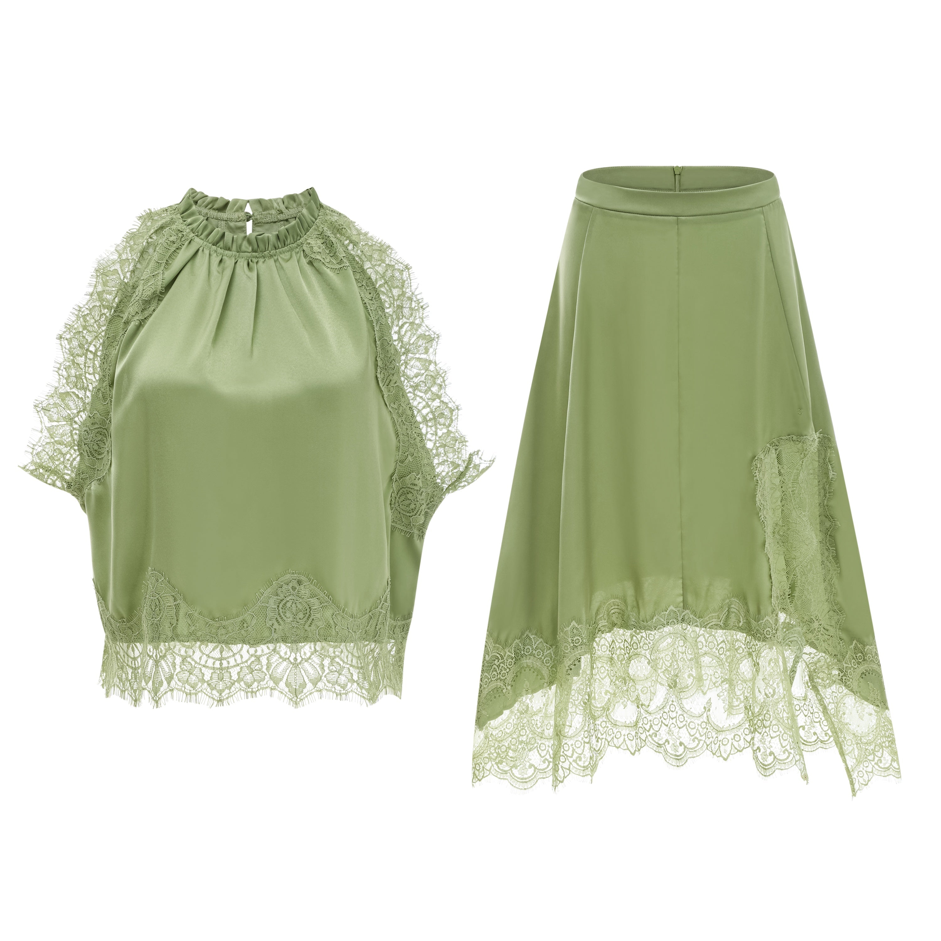 Lace Top & Lace Hankerchief Skirt in Sage