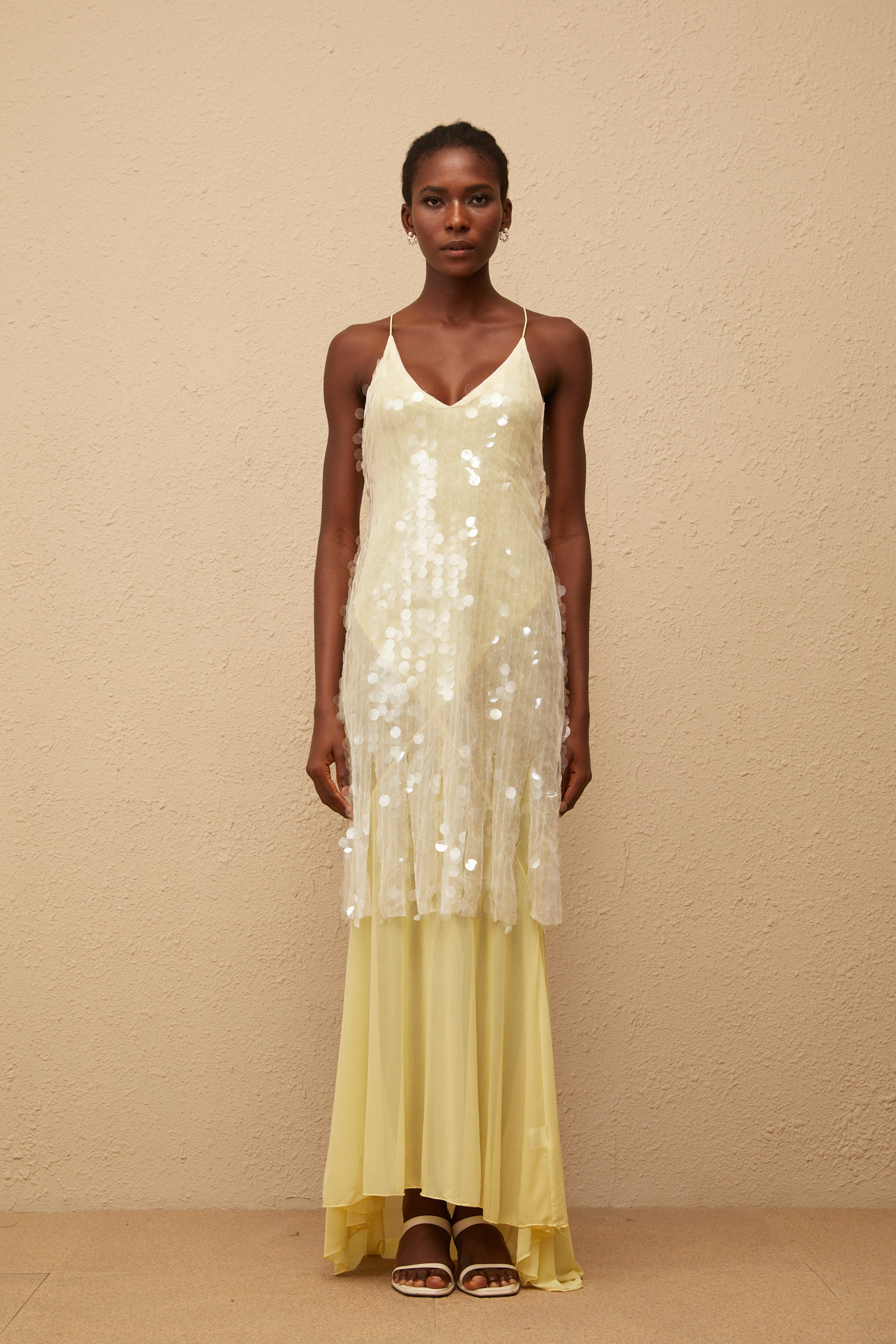 Robe longue en maille à paillettes jaunes Joyau