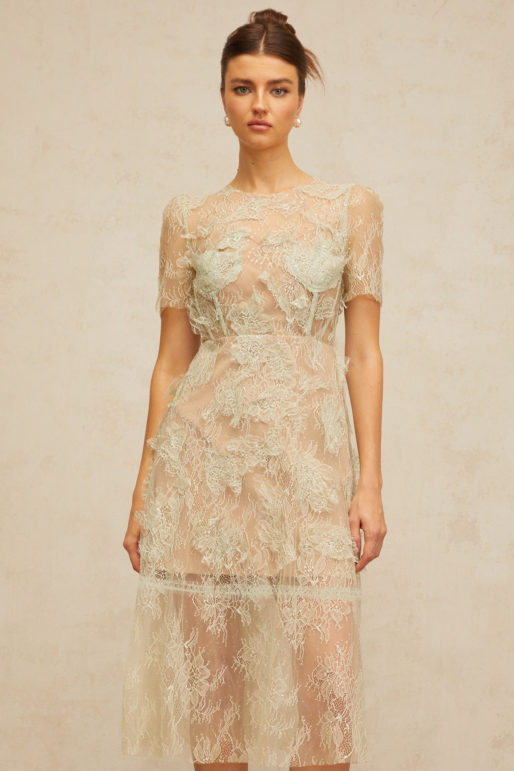 Xaviera mint-green floral-lace midi dress