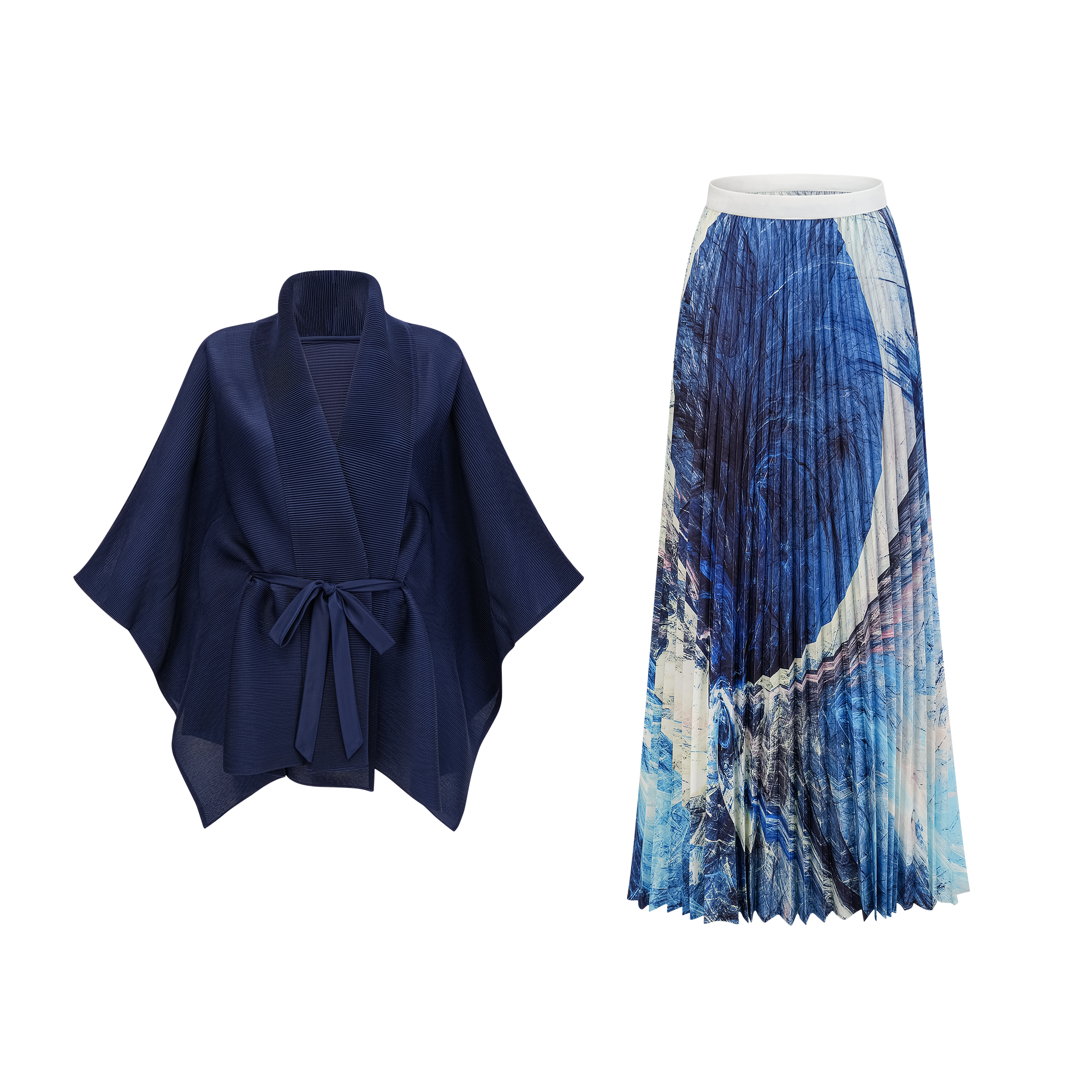 Debbie Blue Pattern-Print Creased Cape & Skirt Matching Set (Final Sale-US Only)