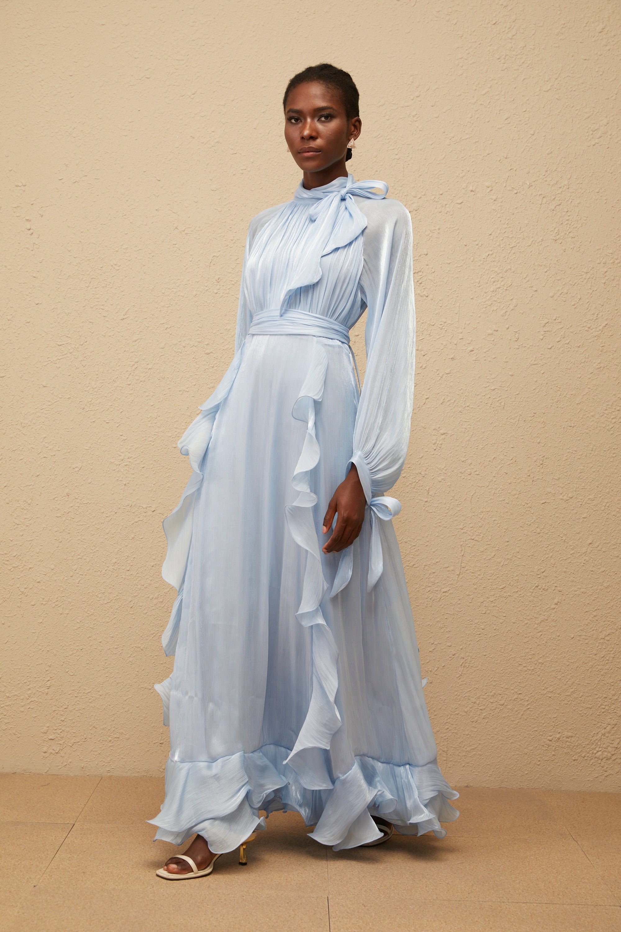 Nanette Blue Glossy Pleated Maxi Dress (Final Sale)