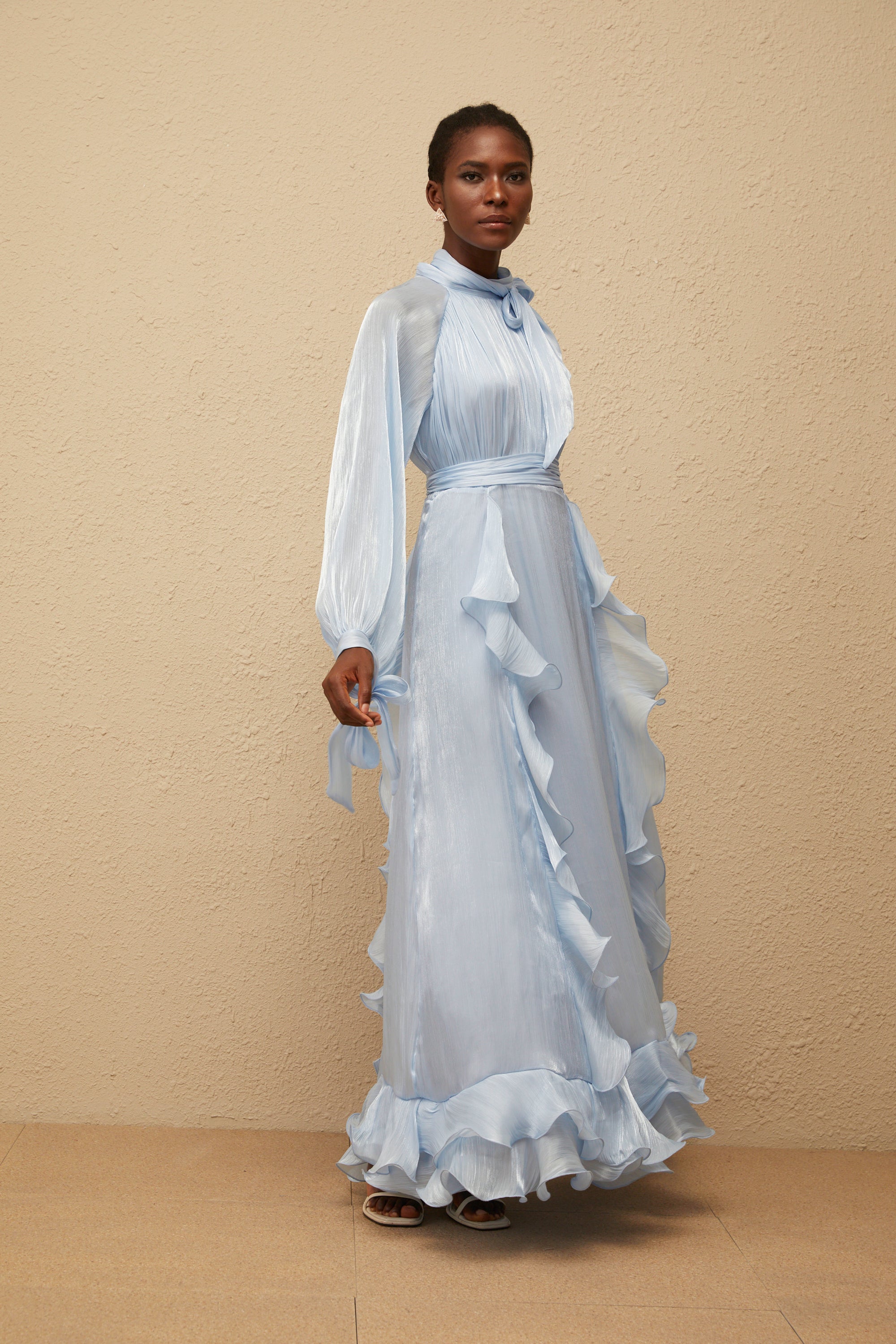 Nanette Blue Glossy Pleated Maxi Dress