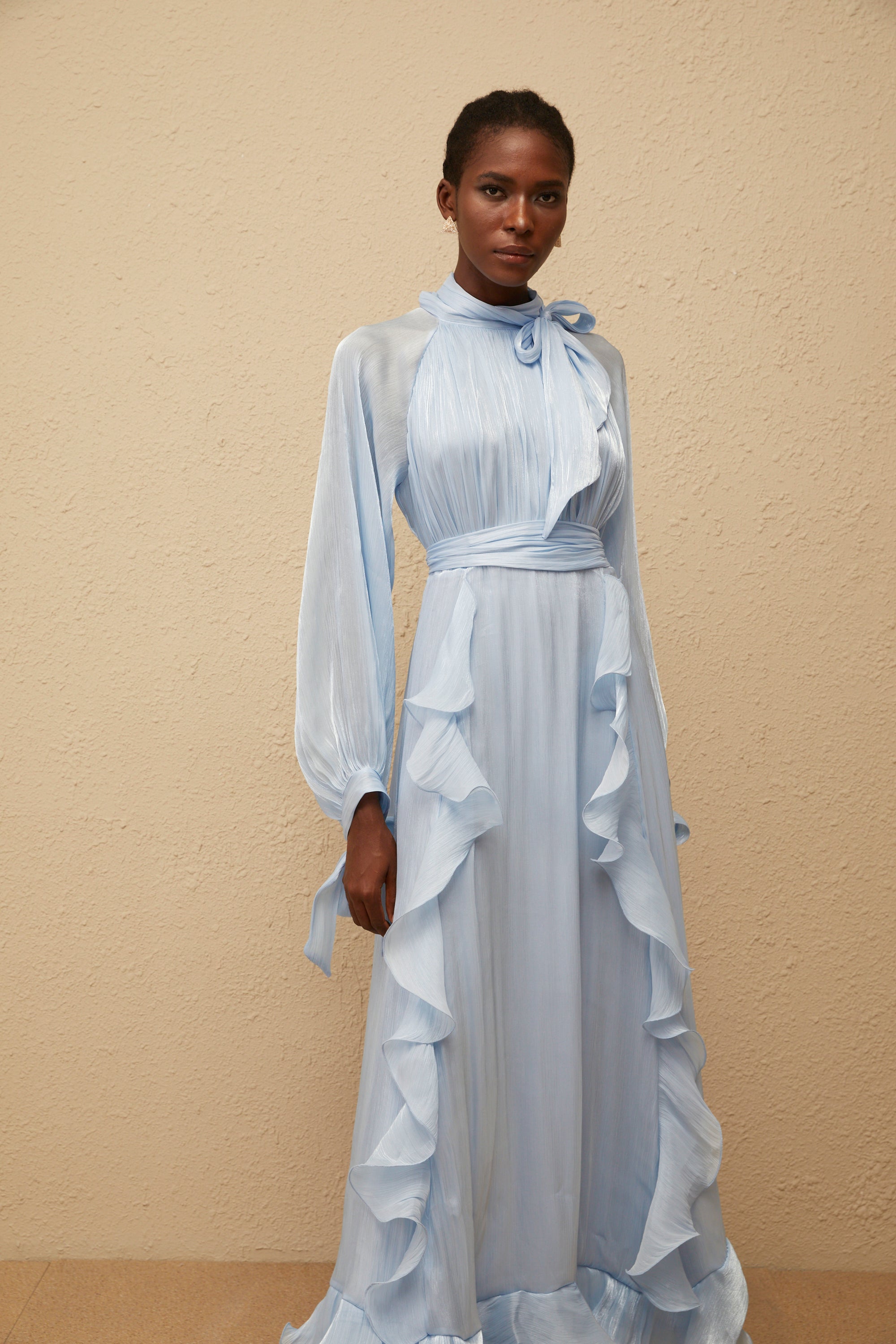 Nanette Blue Glossy Pleated Maxi Dress (Final Sale)