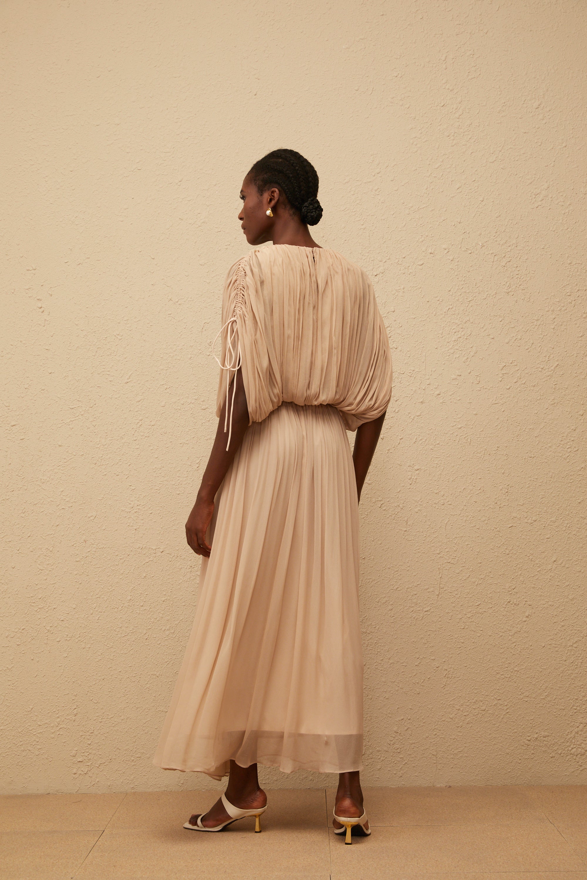 Charitina Neutral Fully Pleated Blouse & Skirt Set