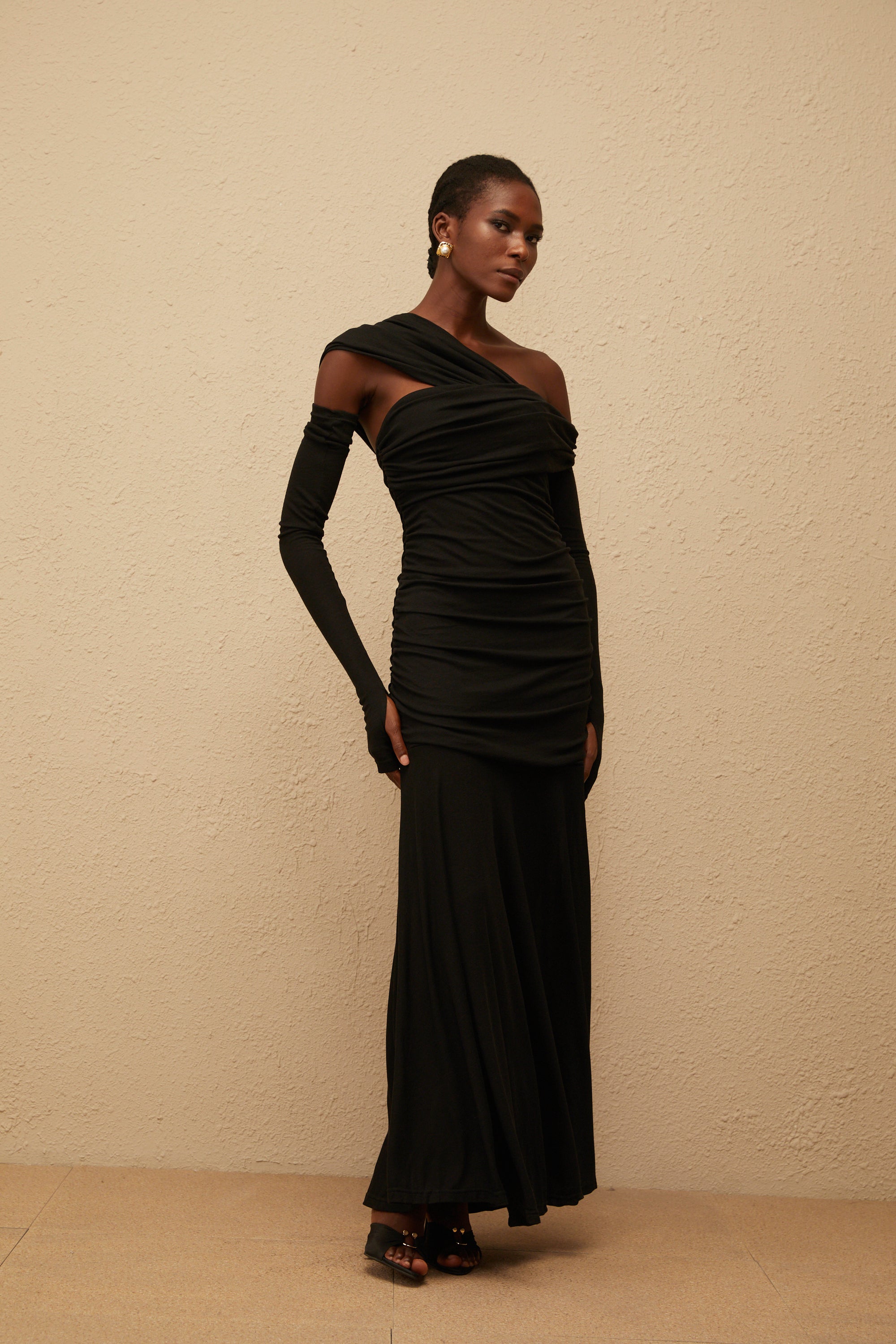 Aava Black Ruched Knit Maxi Dress