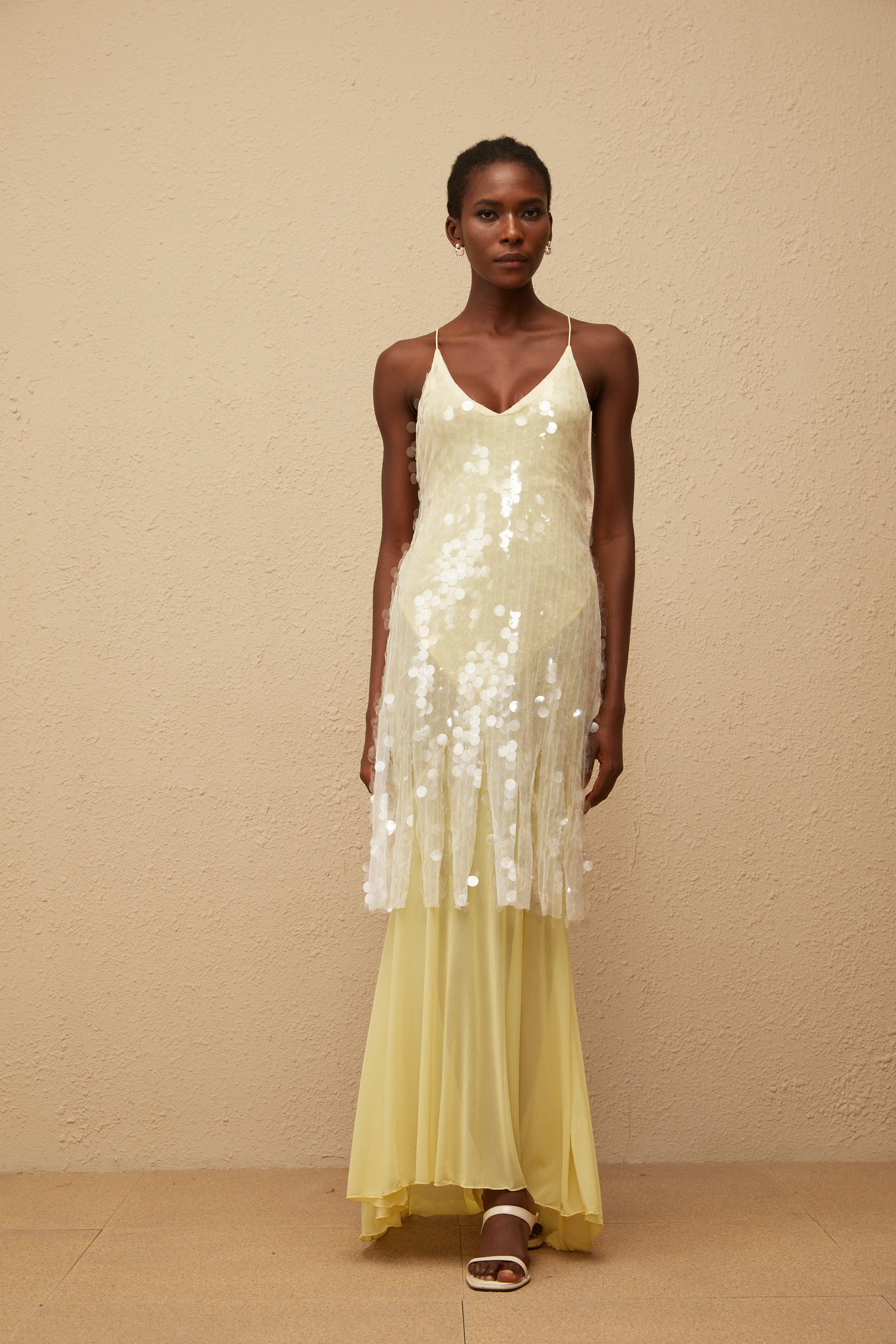Robe longue en maille à paillettes jaunes Joyau