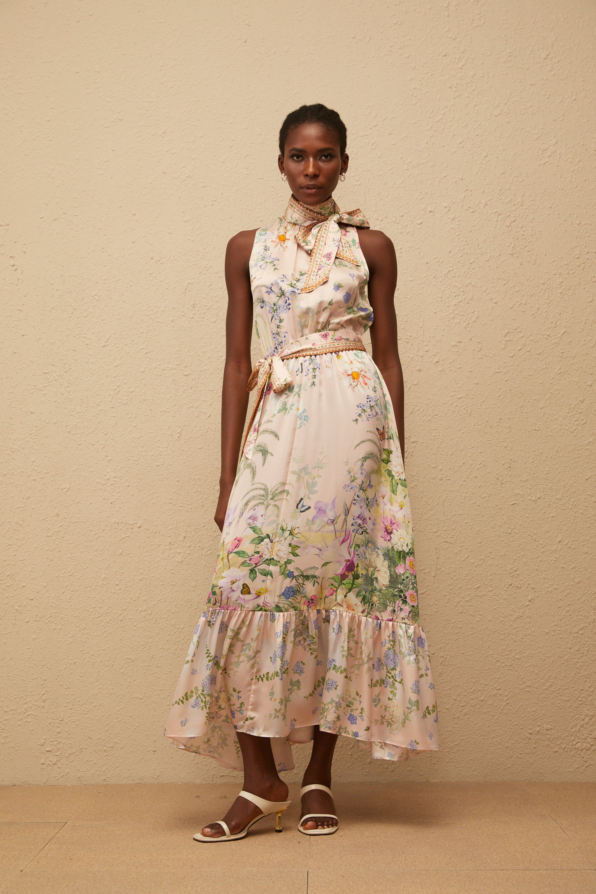 Madeleine Neutral Floral Print Satin Maxi Dress (Final Sale-US Only)