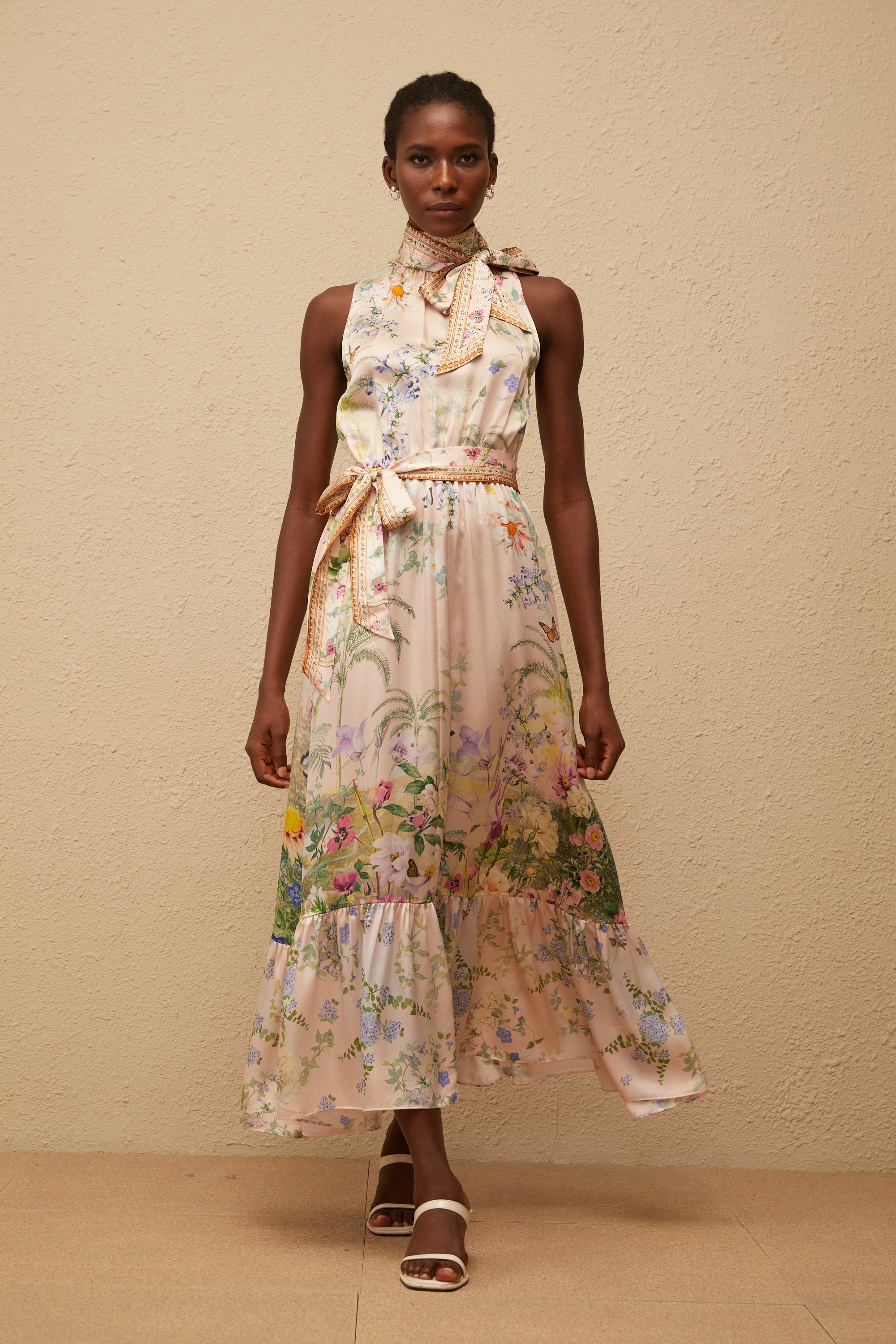 Madeleine Neutral Floral Print Satin Maxi Dress (Final Sale-US Only)