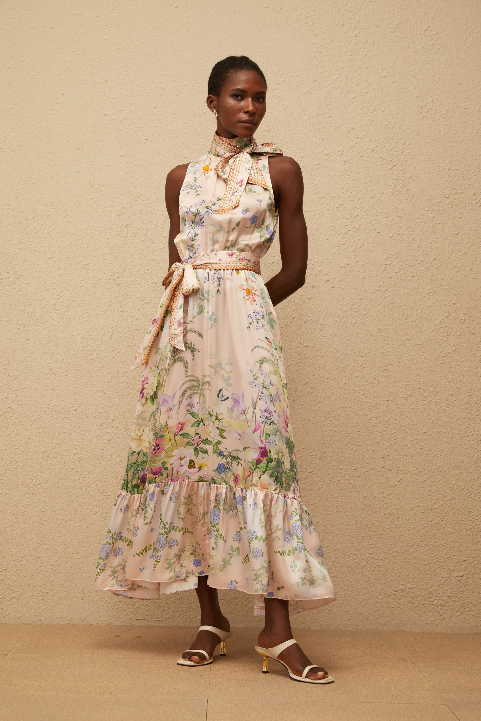 Madeleine Neutral Floral Print Satin Maxi Dress (Final Sale-US Only)