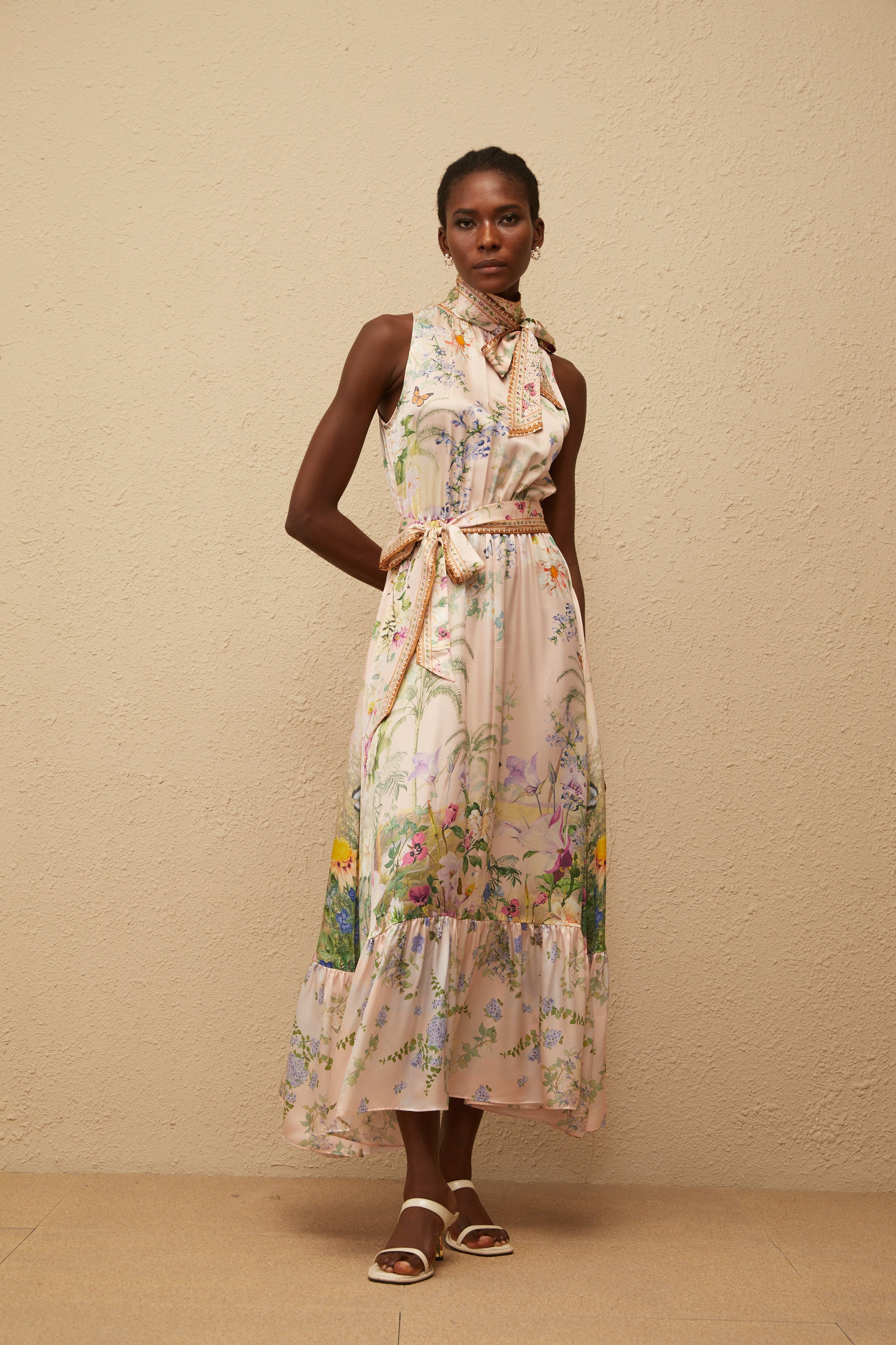 Madeleine Neutral Floral Print Satin Maxi Dress (Final Sale-US Only)