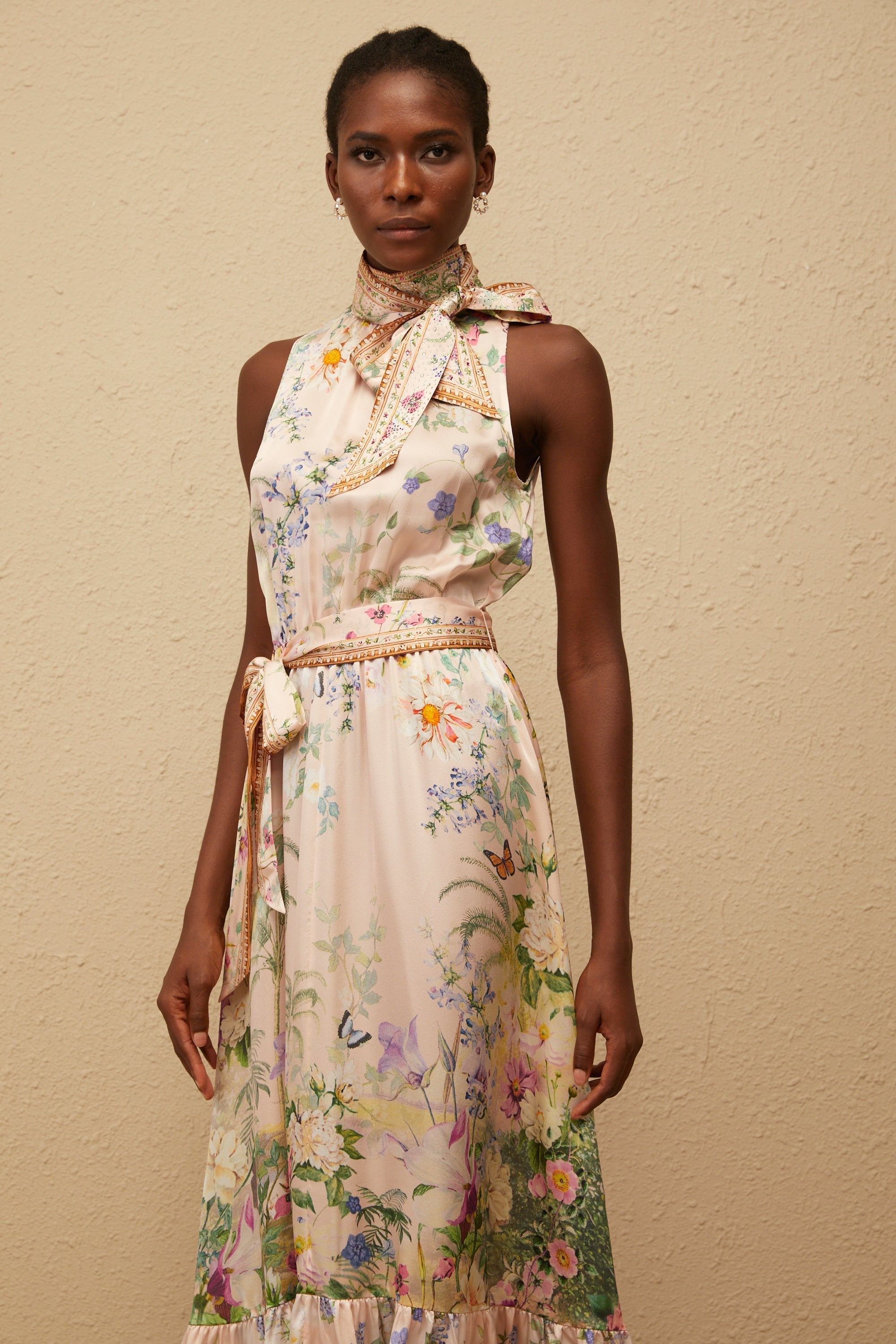 Madeleine Neutral Floral Print Satin Maxi Dress (Final Sale-US Only)