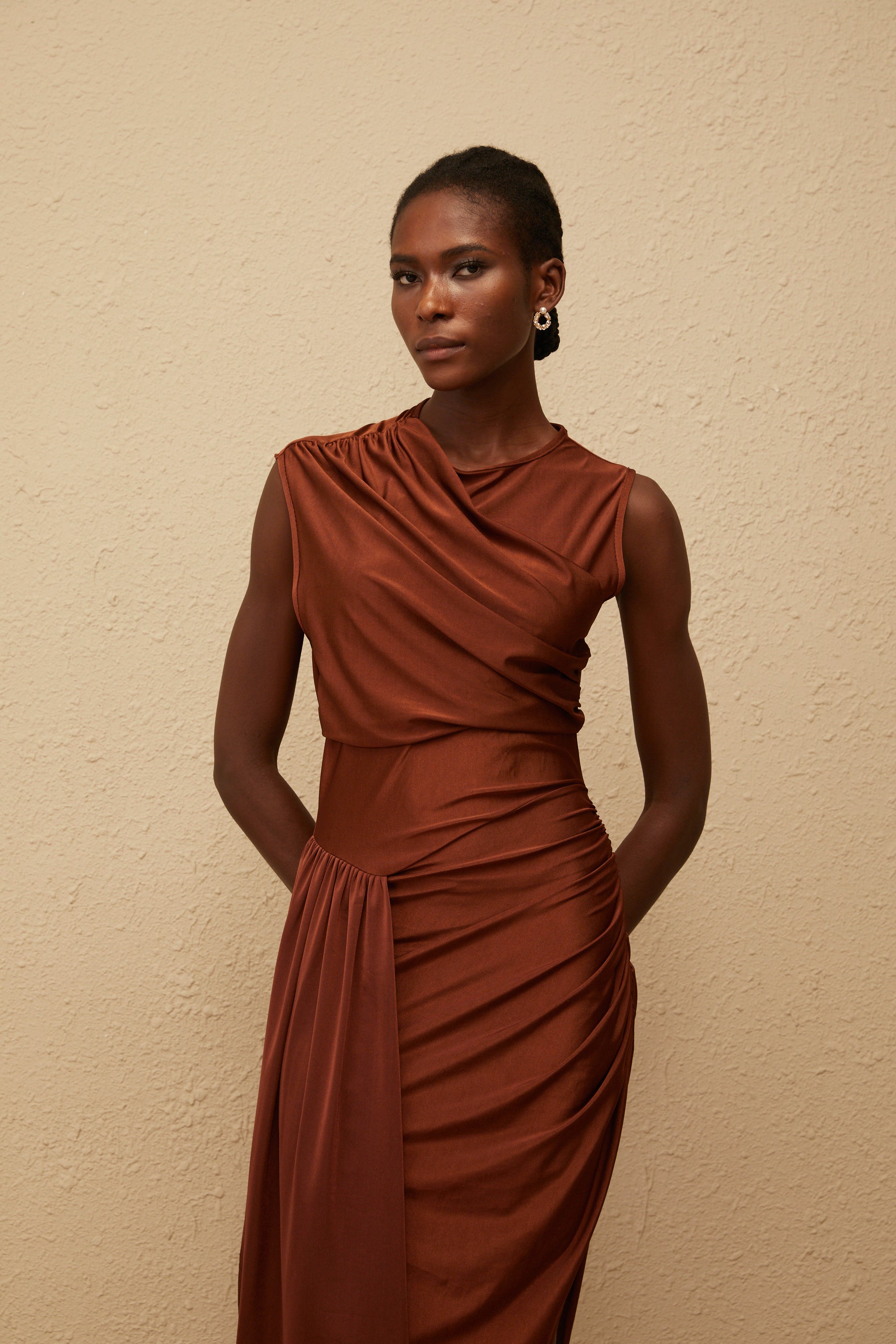 Reine Brown Asymmetrical Ruched Maxi Dress (Final Sale)