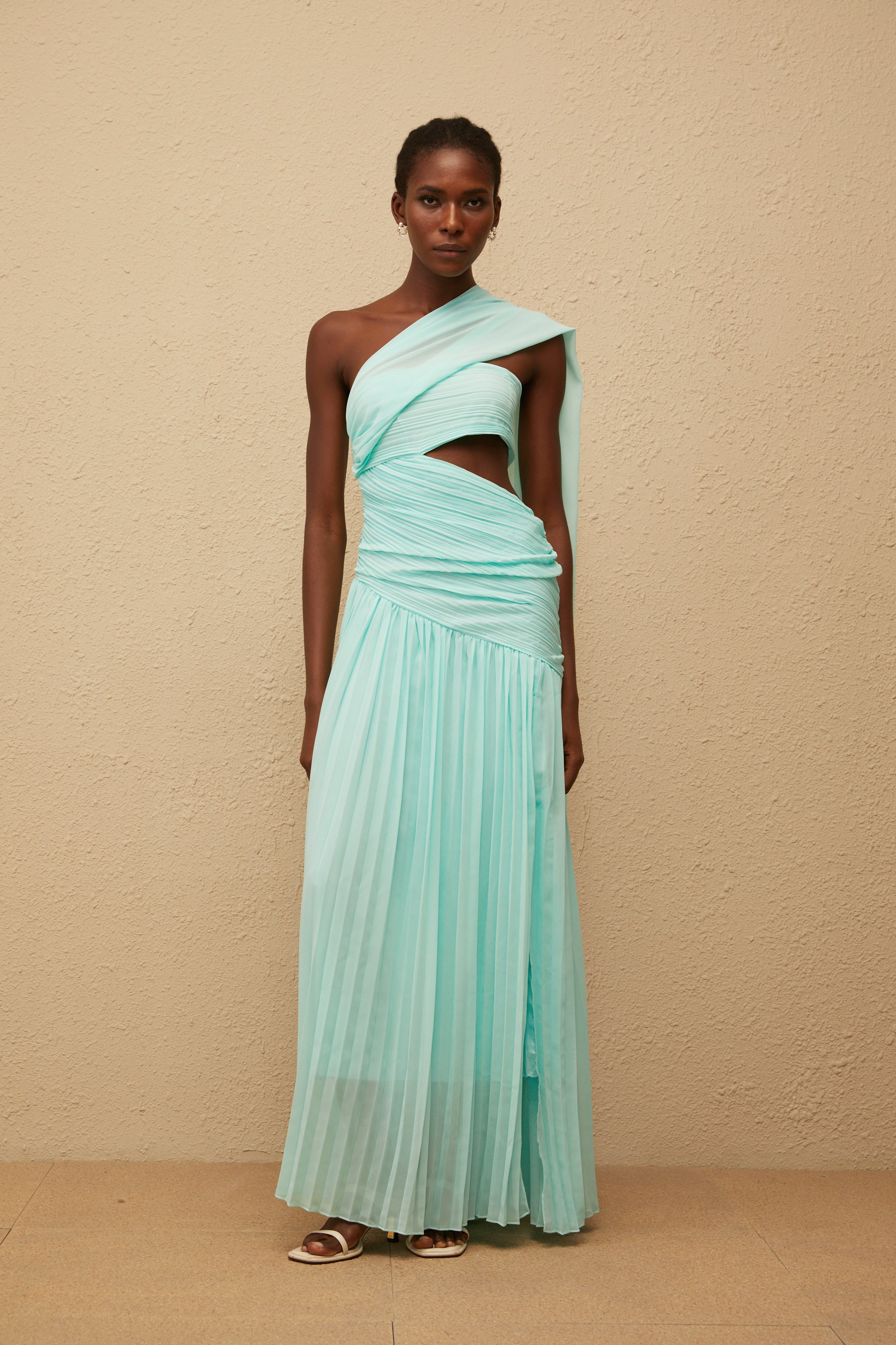 Katerina Mint Green Asymmetrical Pleated Maxi Dress (Final Sale-US Only)