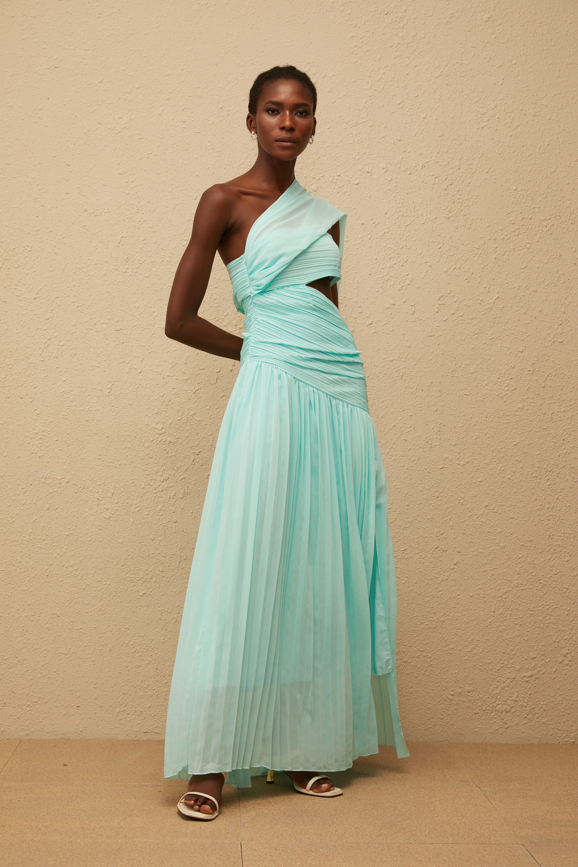 Katerina Mint Green Asymmetrical Pleated Maxi Dress (Final Sale-US Only)