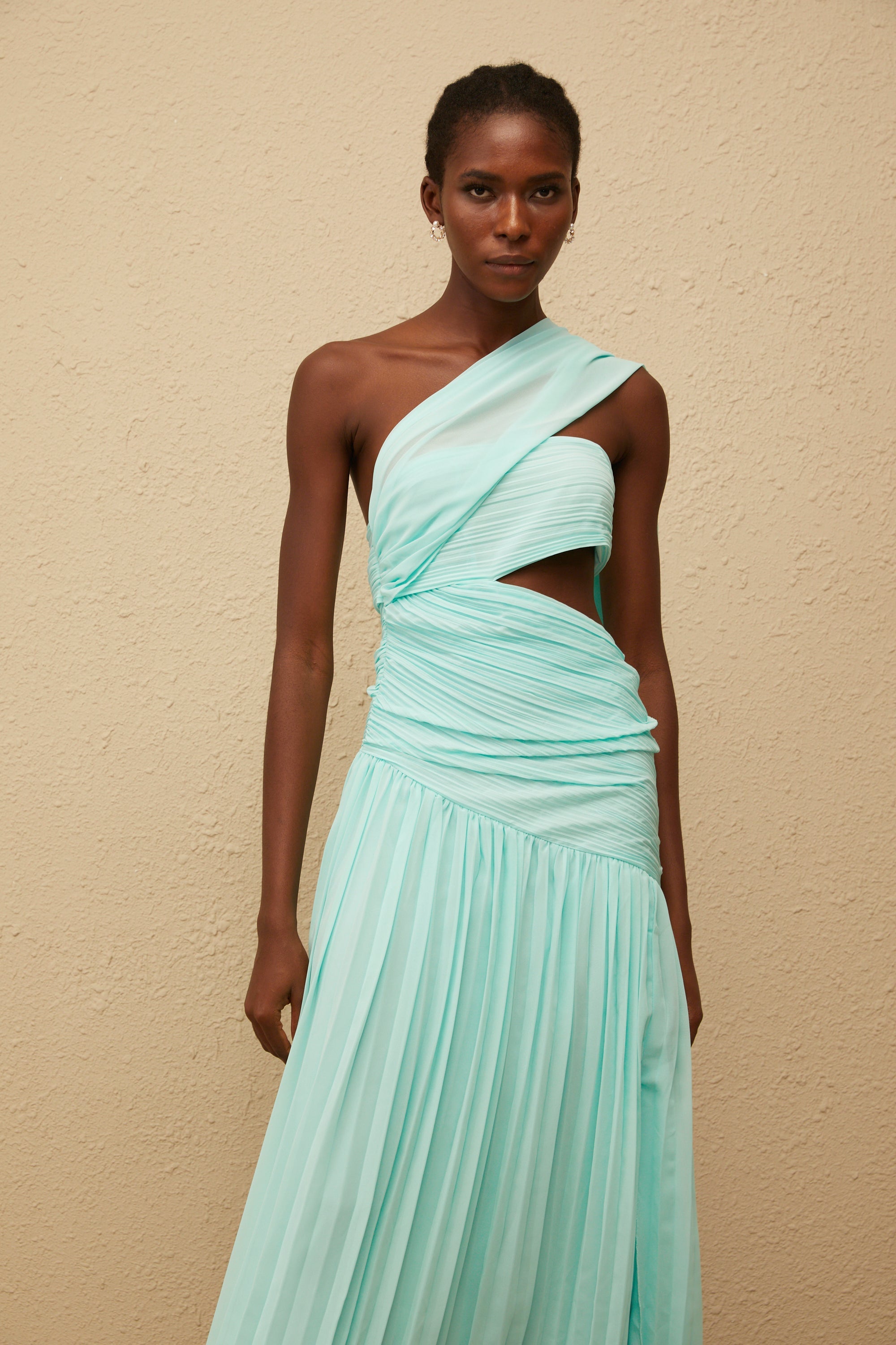 Katerina Mint Green Asymmetrical Pleated Maxi Dress (Final Sale-US Only)