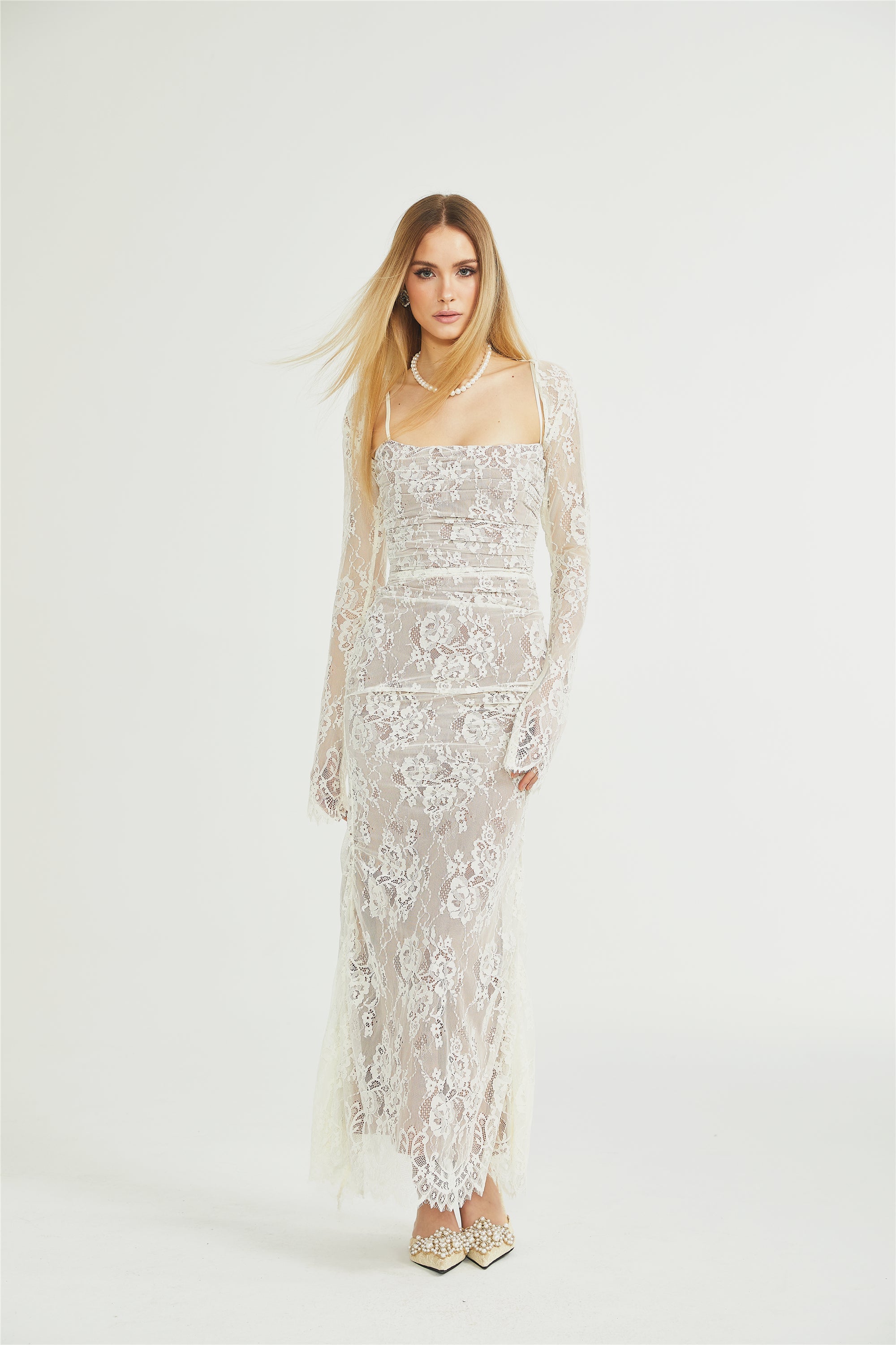 Valérie white floral lace mesh maxi dress (Final Sale)
