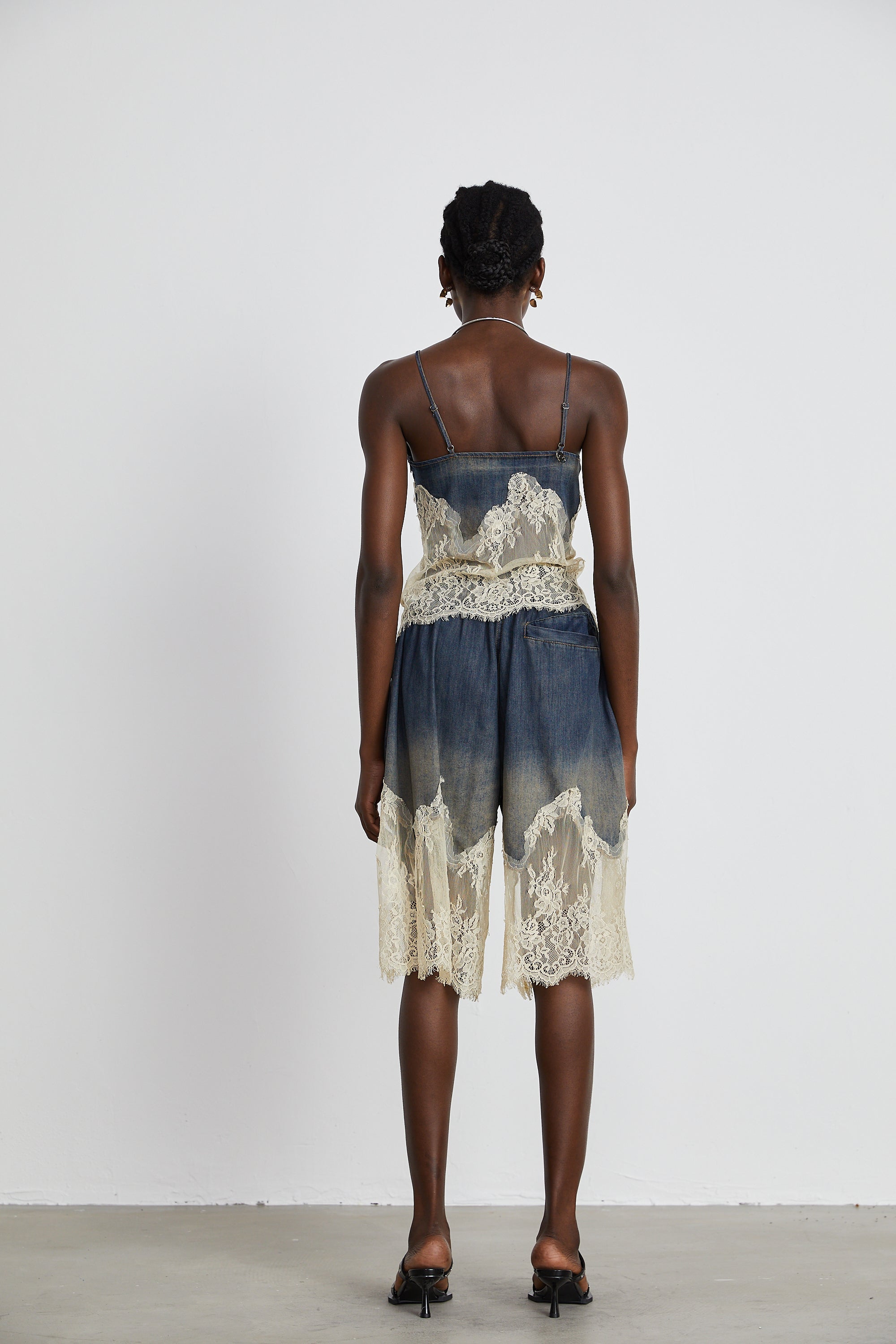 Blue denim camisole and matching skirt with delicate cream lace overlays