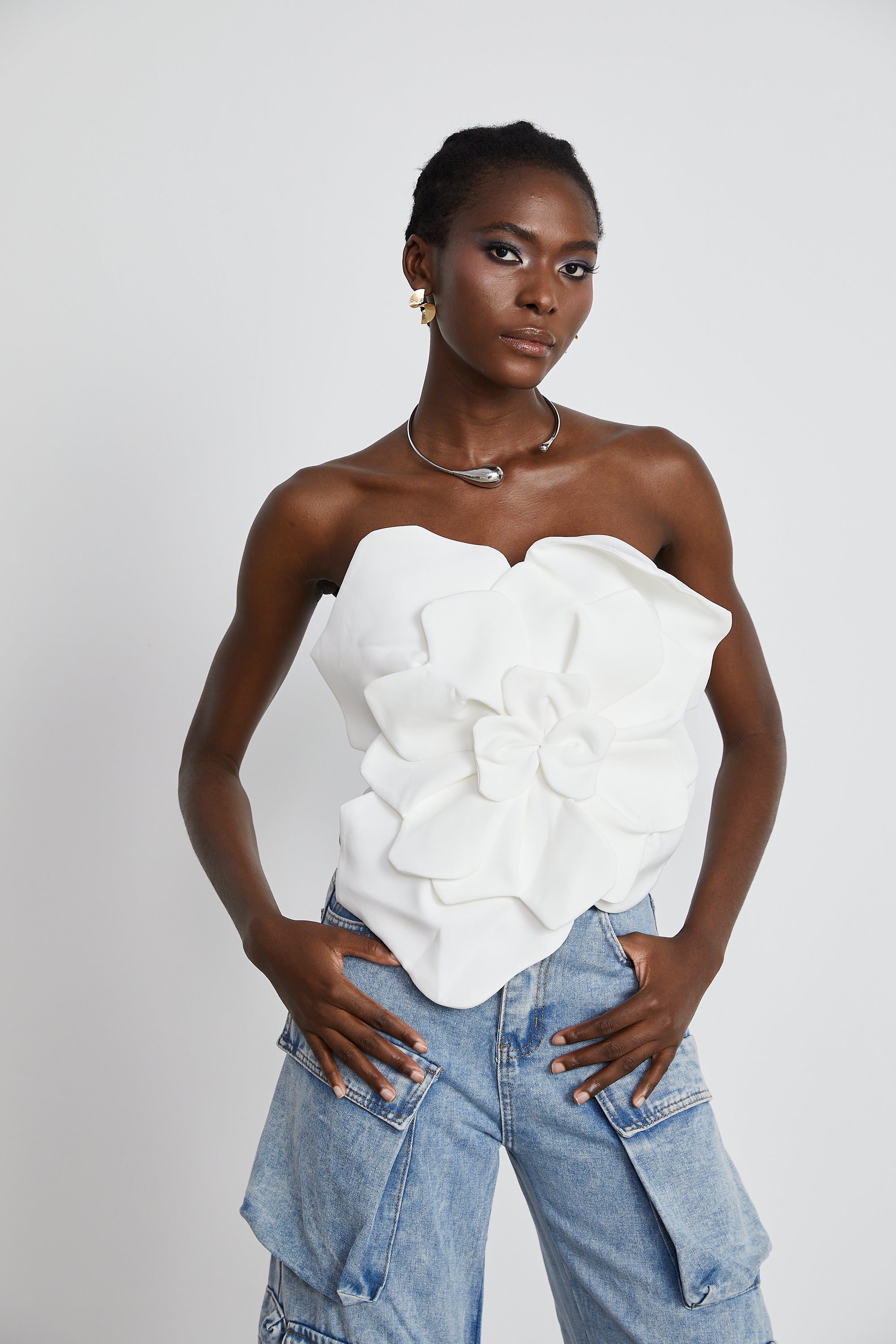 White 3D floral strapless corset top