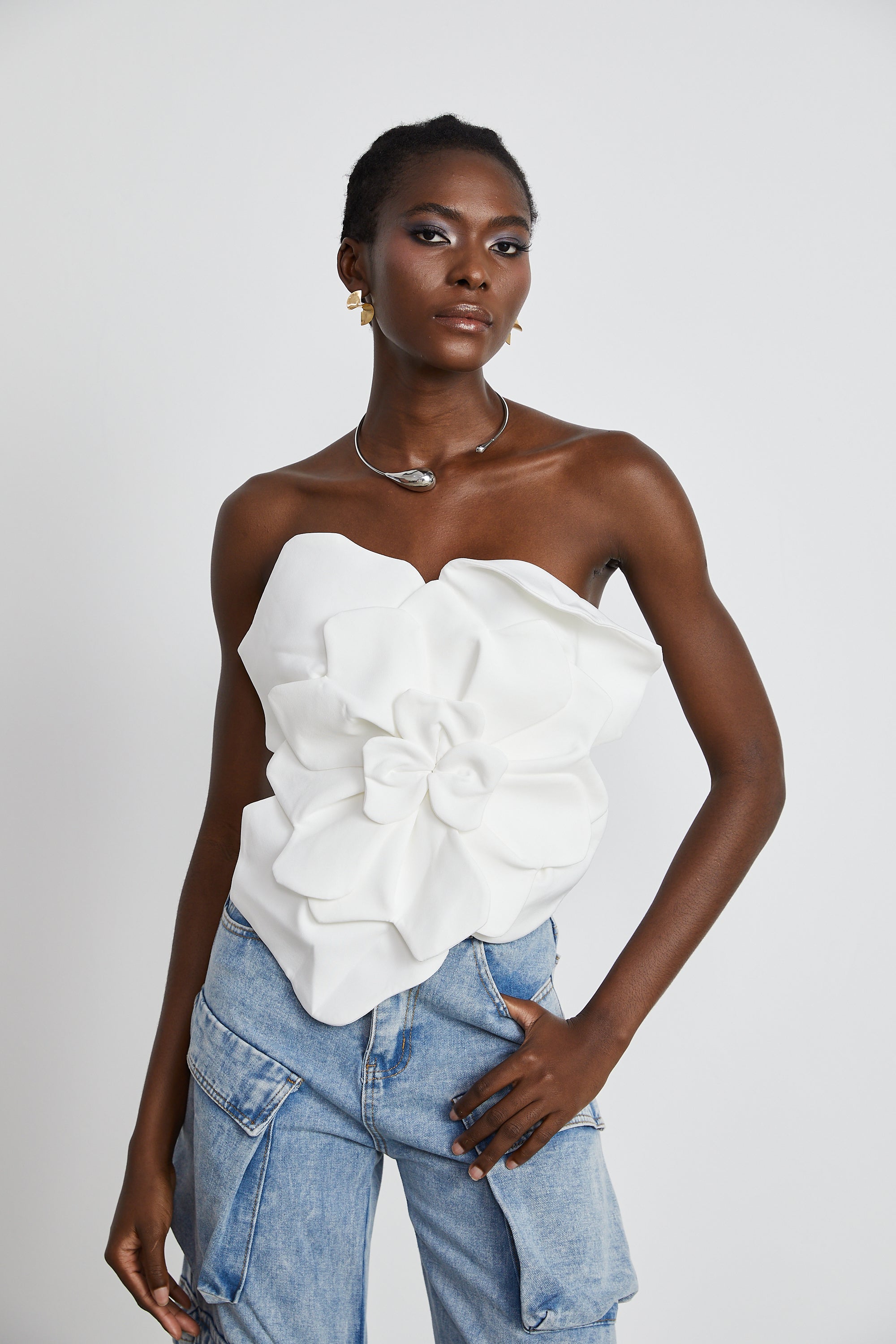 White 3D floral strapless corset top