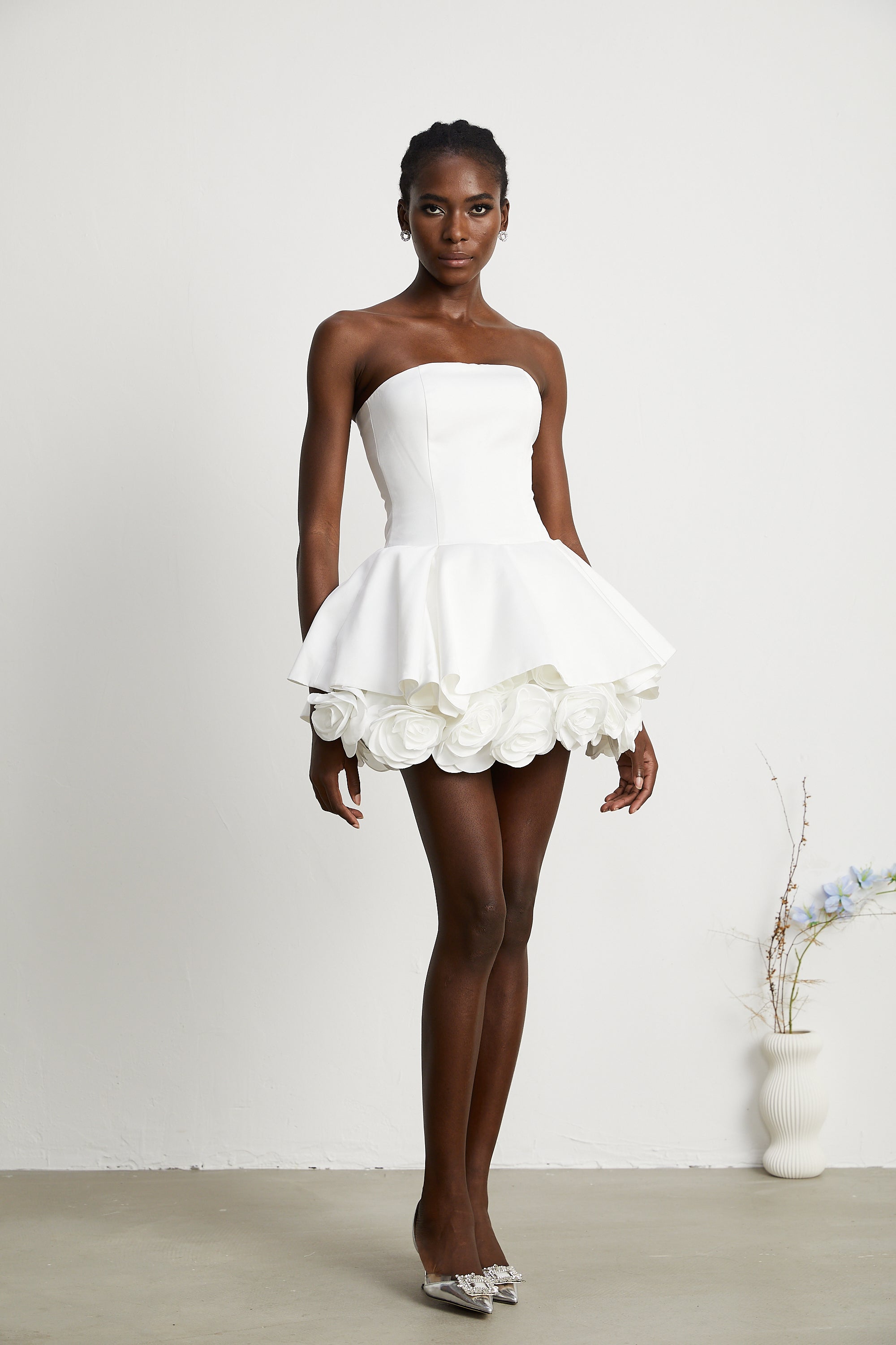 Lucie white petal-layered strapless corset mini dress (Final Sale)