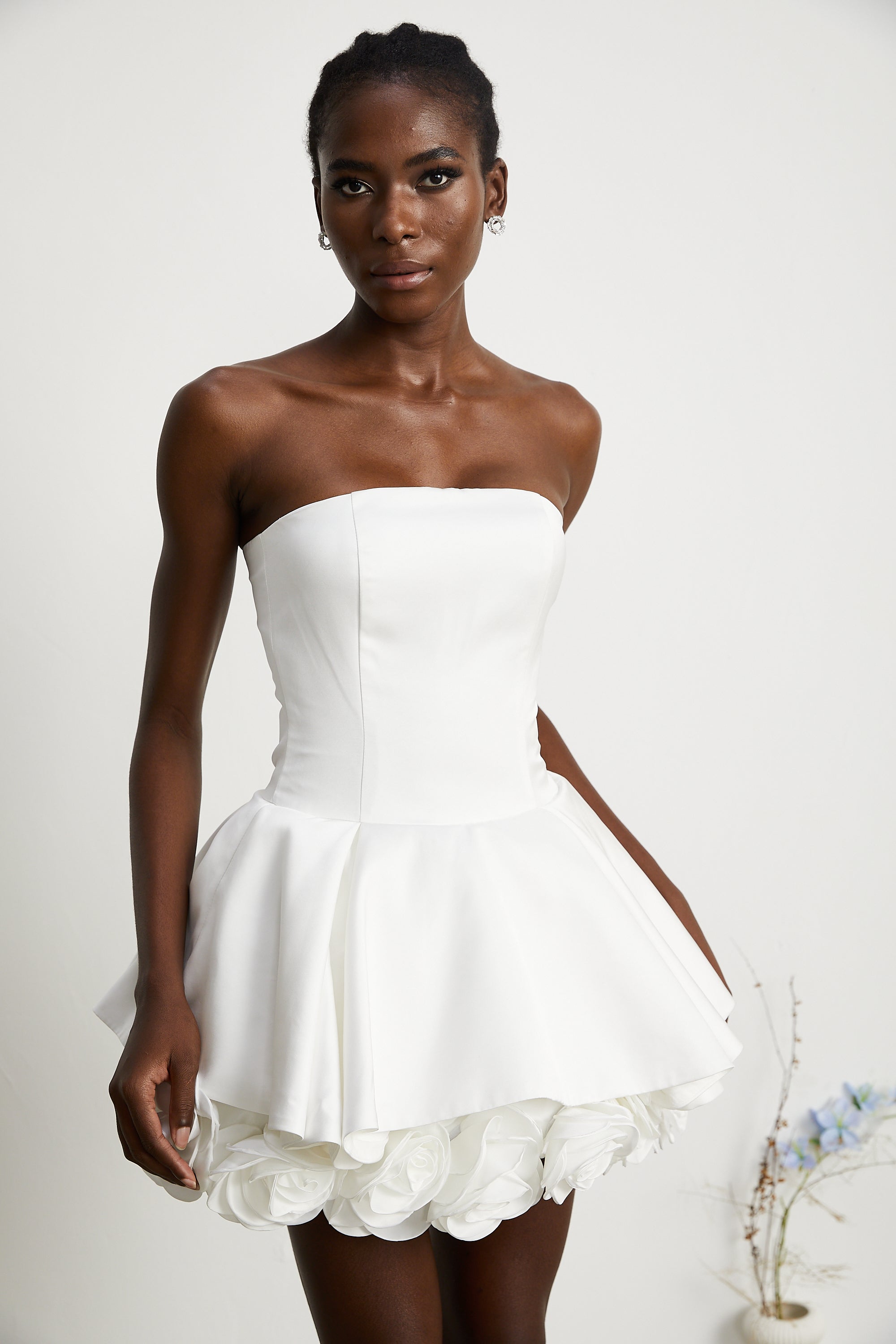 Lucie white petal-layered strapless corset mini dress (Final Sale)