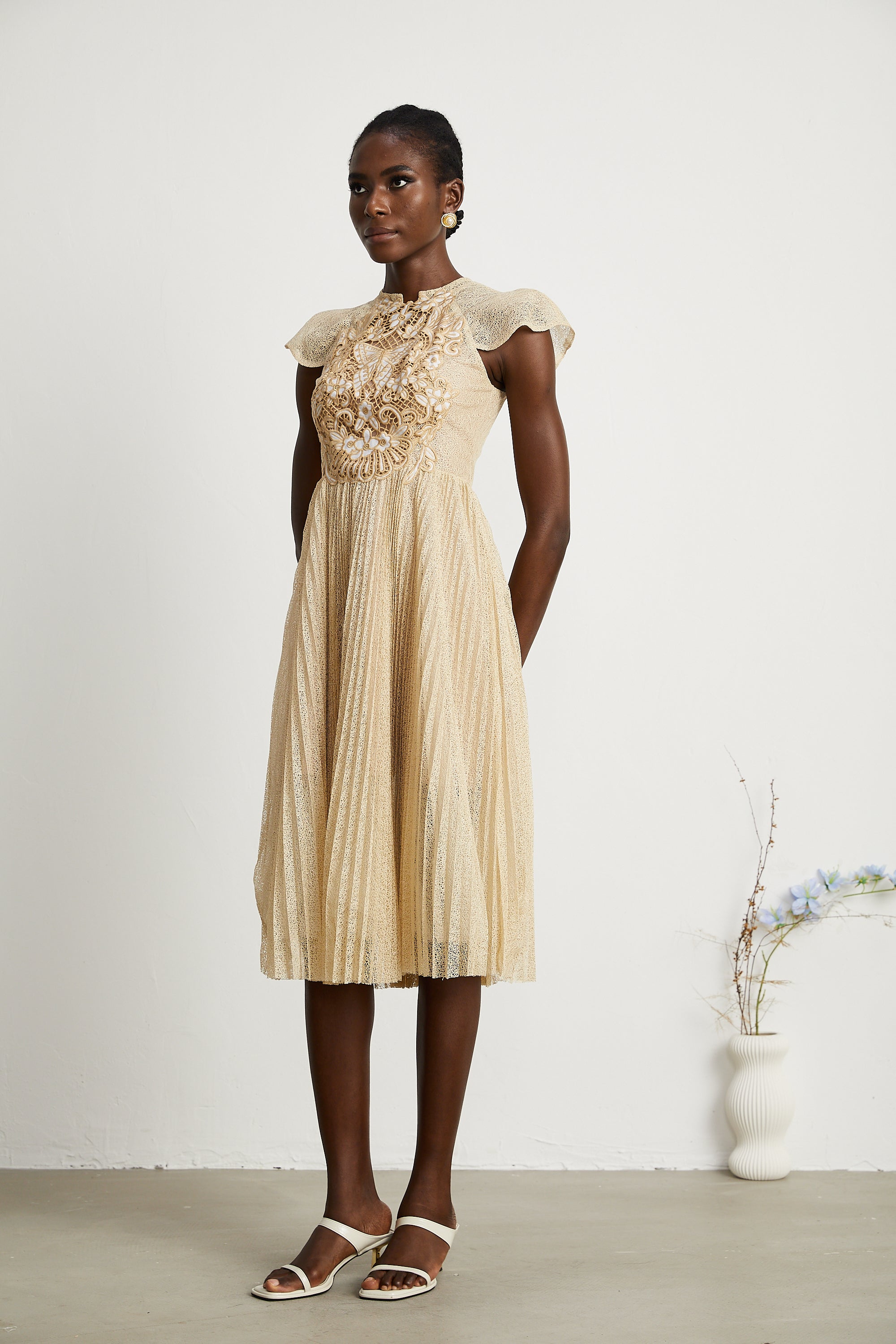 Nerissa embroidered pleated midi dress (Final Sale-US Only)