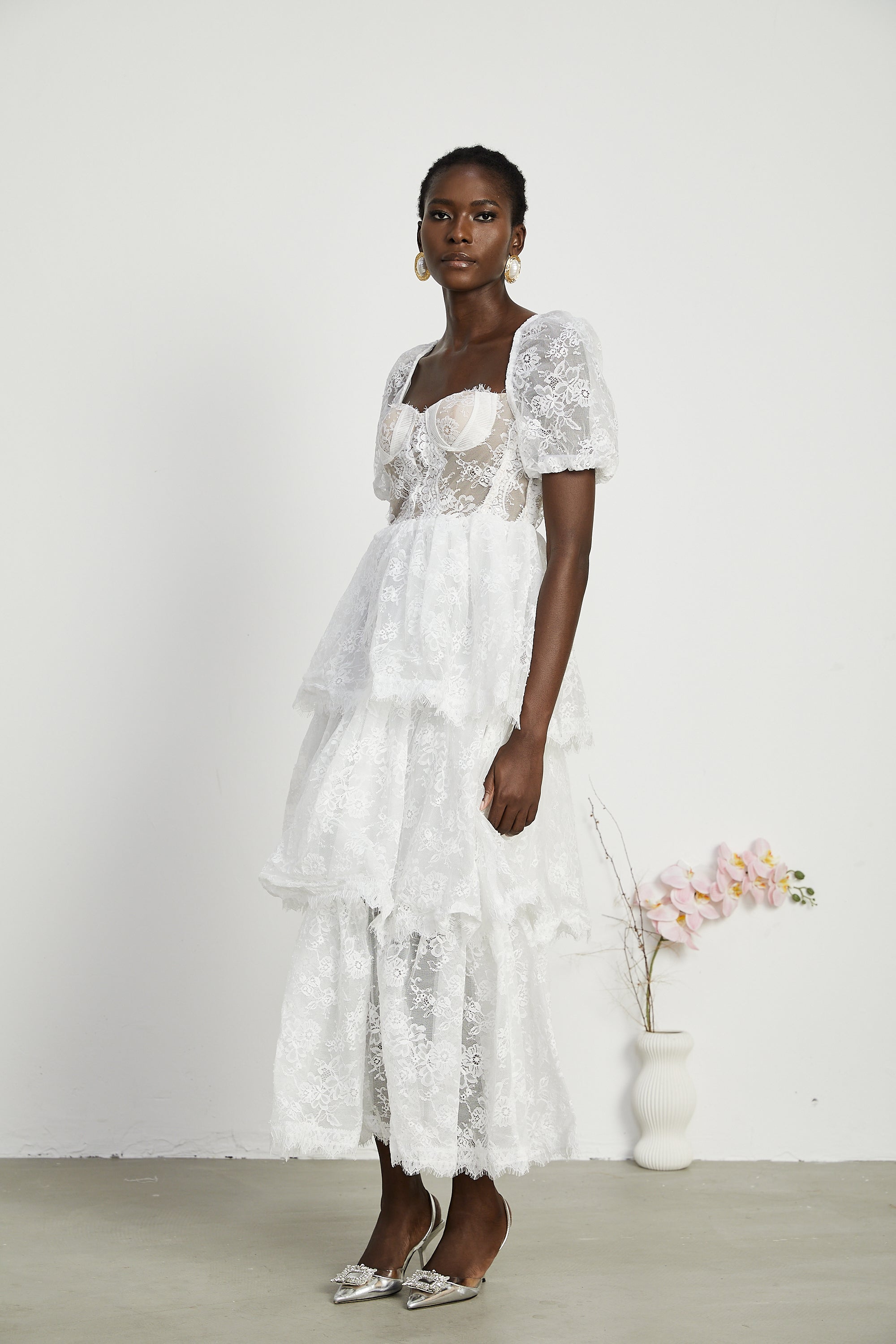 Mélisande white lace tiered midi dress