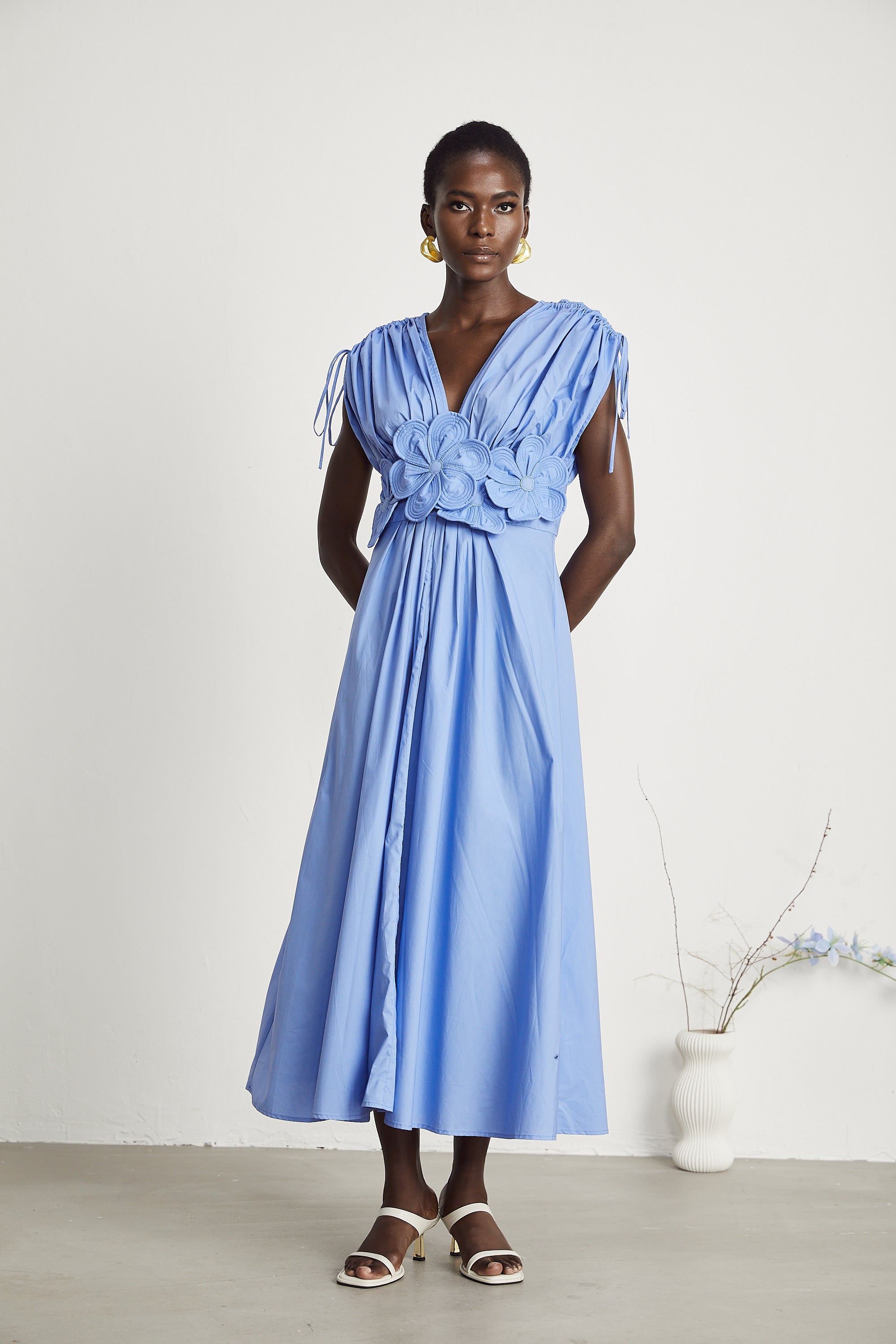 Emma petal-detail drawstring maxi dress in Blue (Final Sale)
