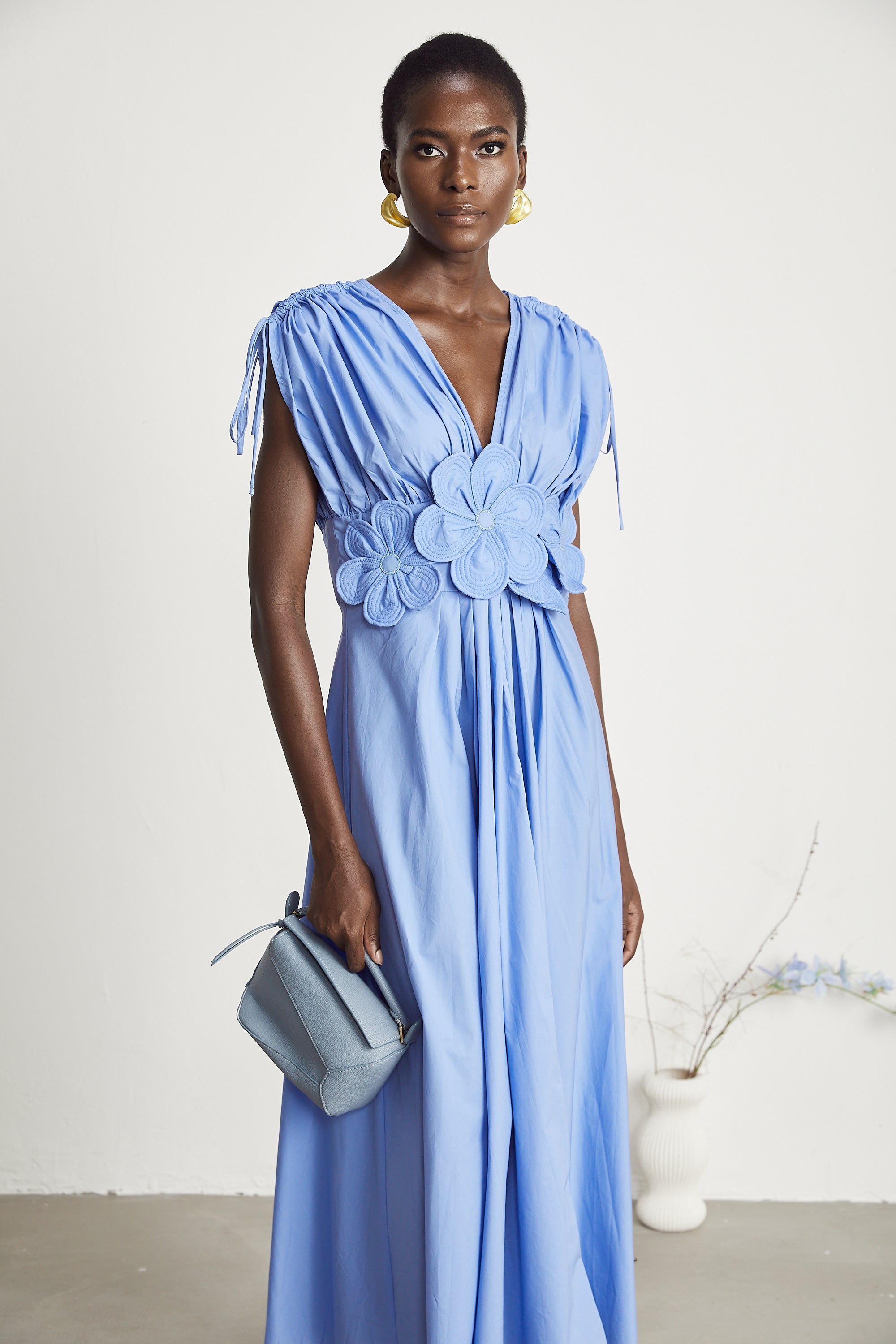 Emma petal-detail drawstring maxi dress in Blue (Final Sale)