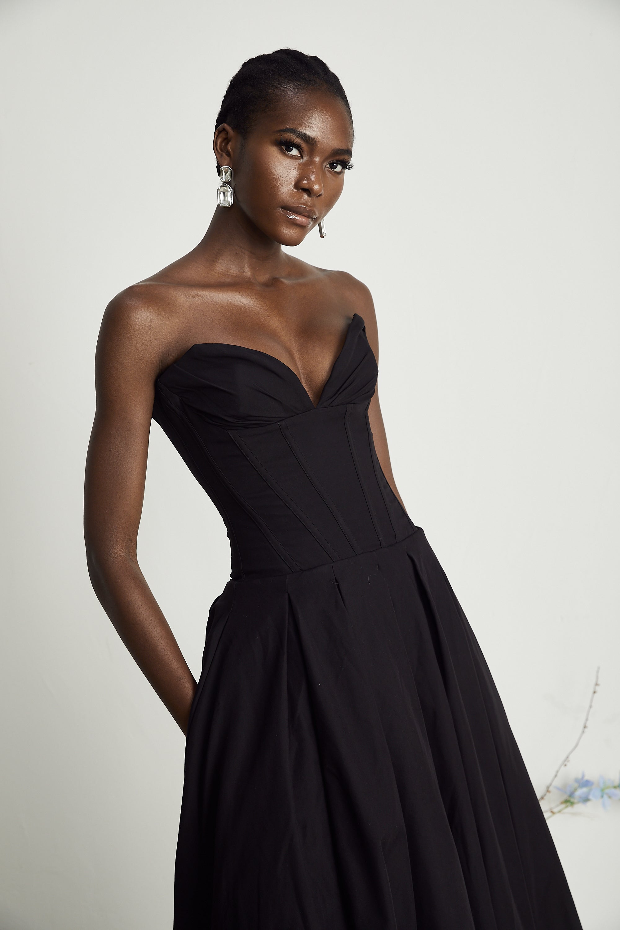 Katherine Black Off-Shoulder Corset Midi Dress (Final Sale-US Only)