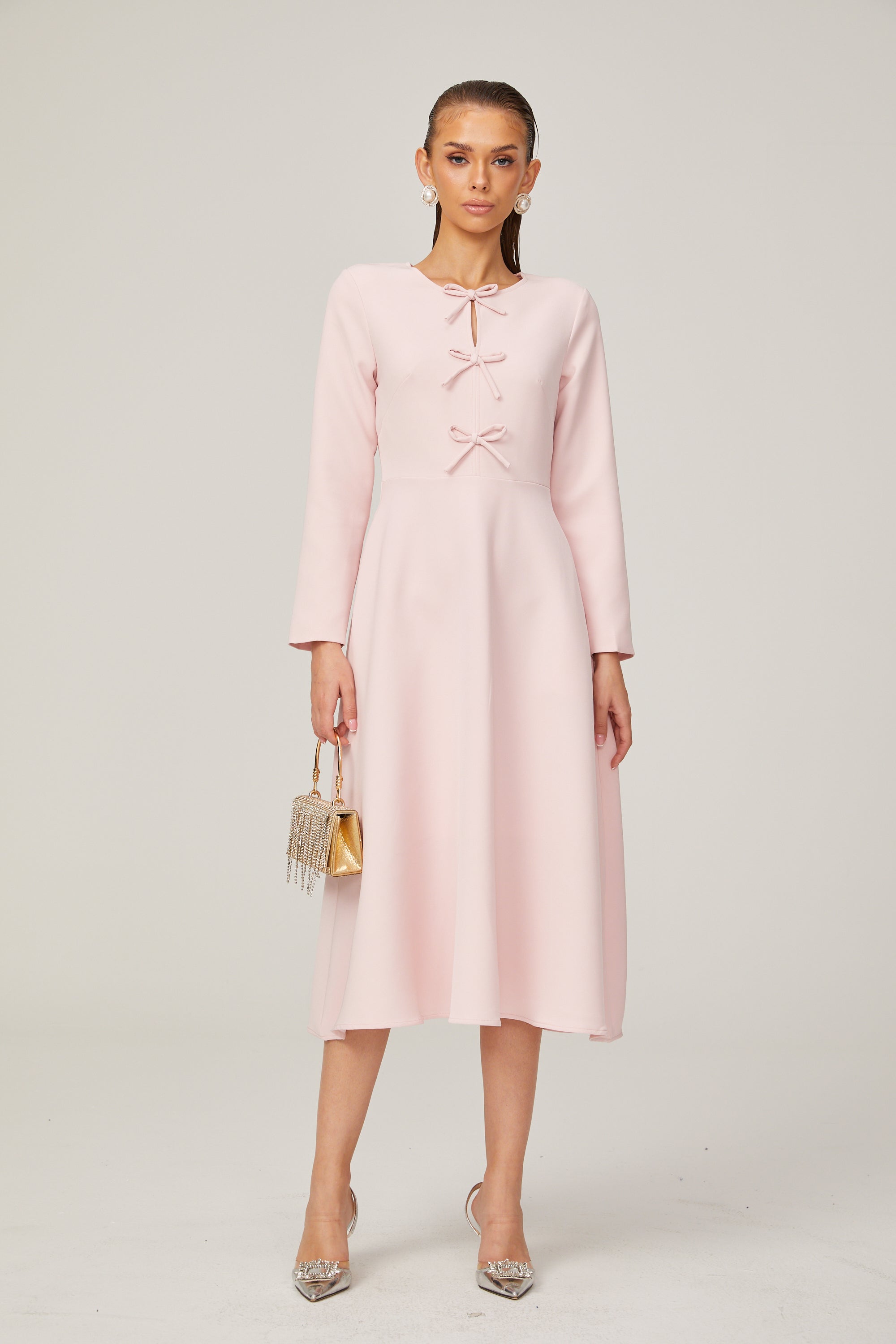 Elise pink bow-detail split-neck midi dress (Final Sale)