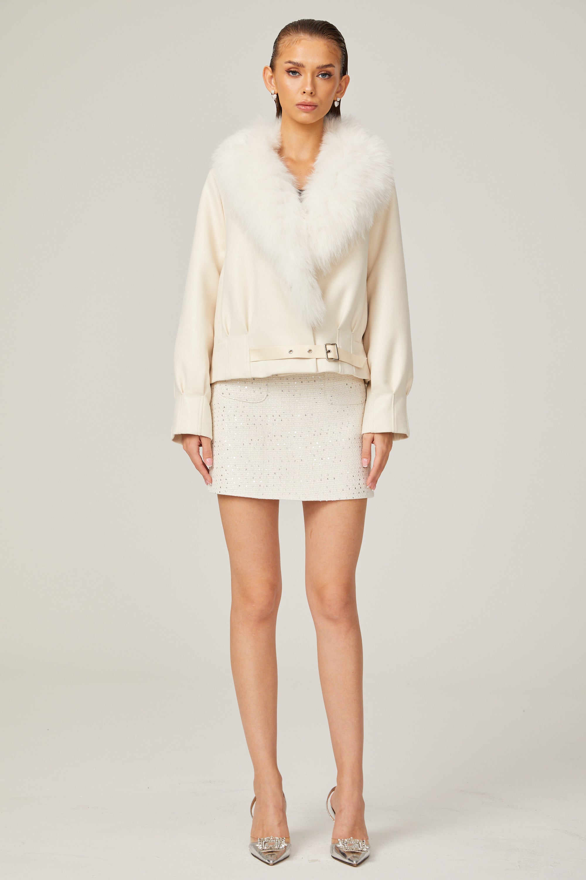 Veste en daim blanc et fourrure Évangéline (Vente définitive)