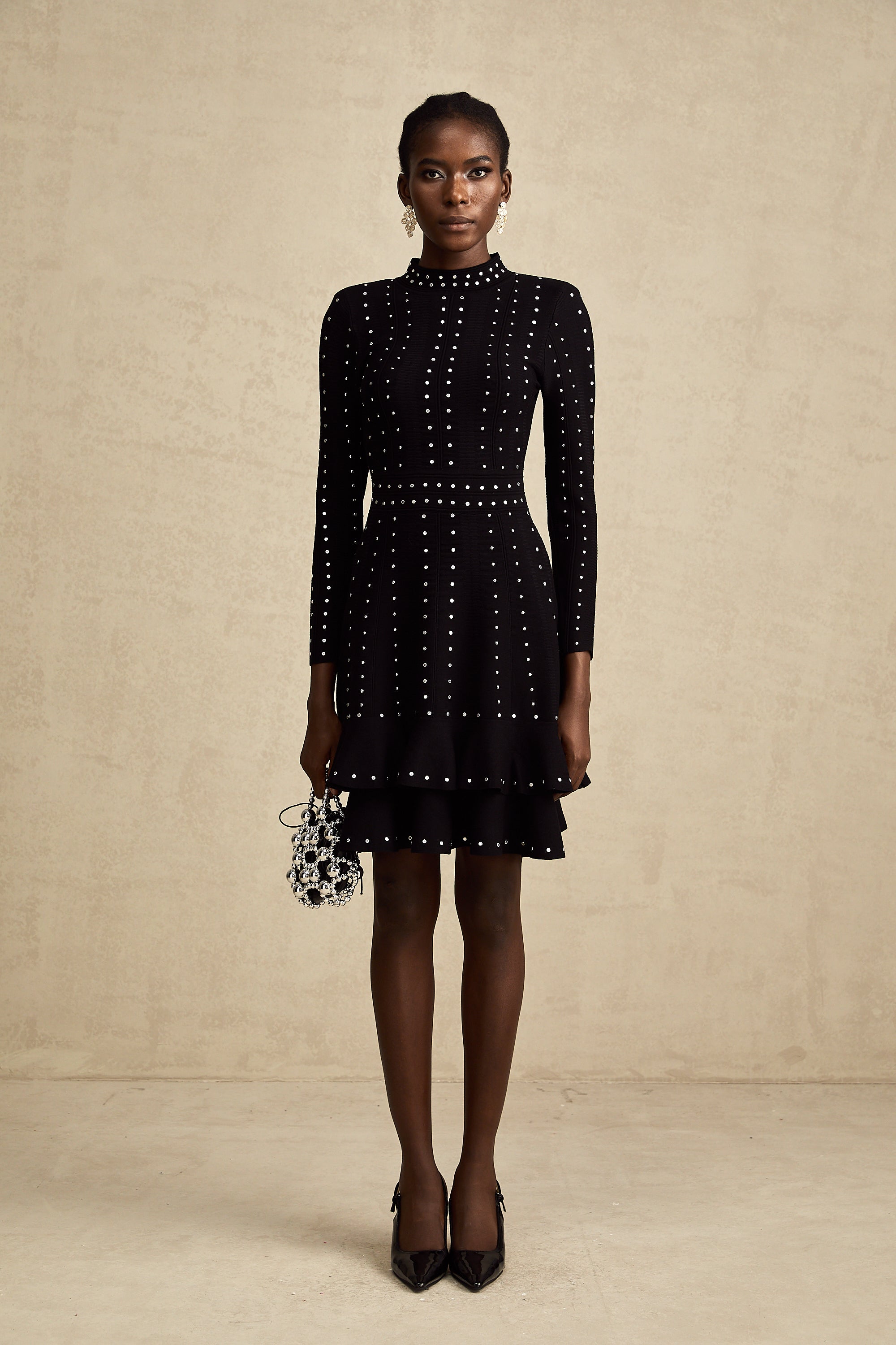Fabienne Black Embellished Ruffled Knit Mini Dress