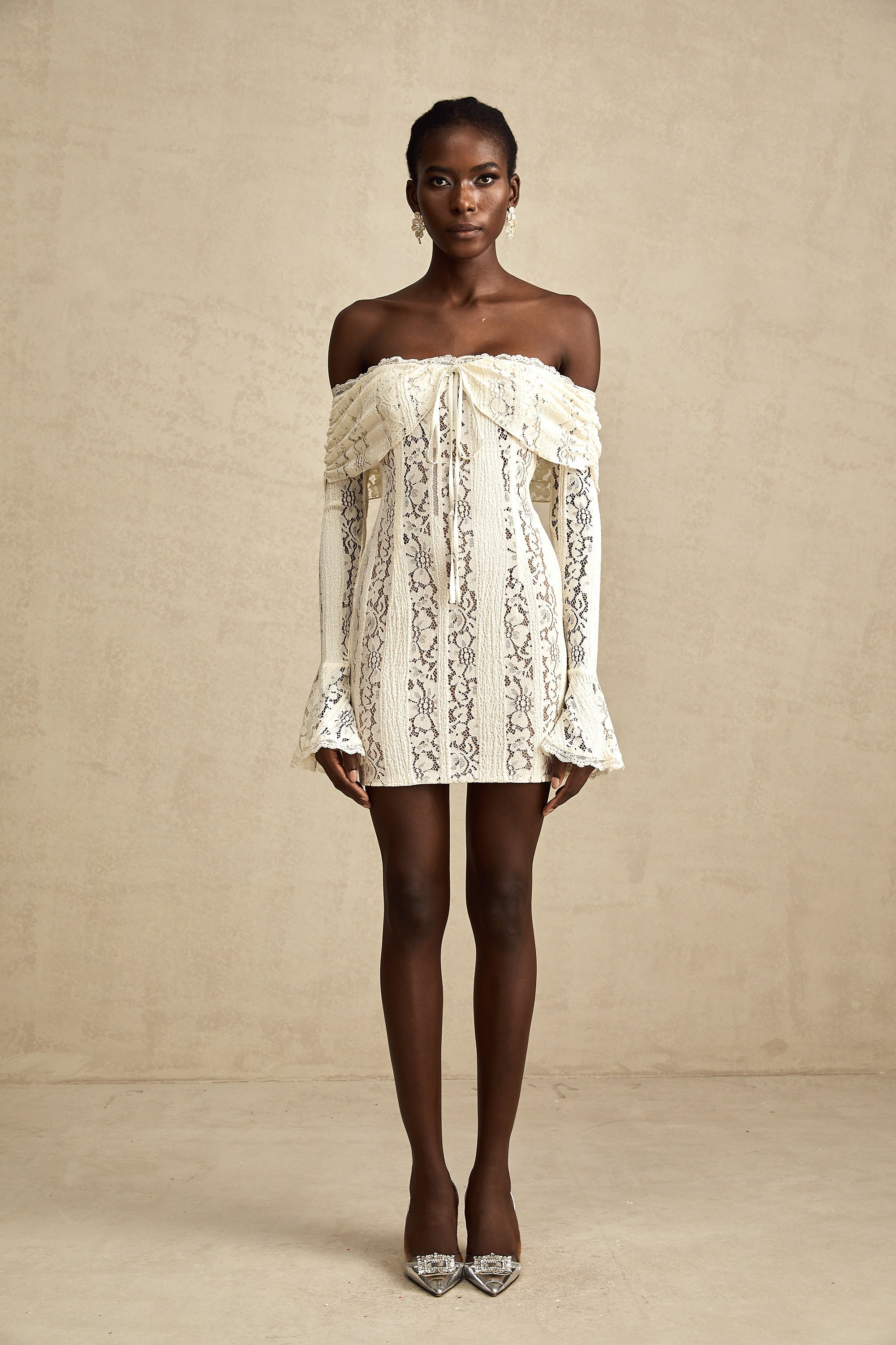 Émeline floral lace flared-cuff mini dress in Neutrals (Final Sale-US Only)