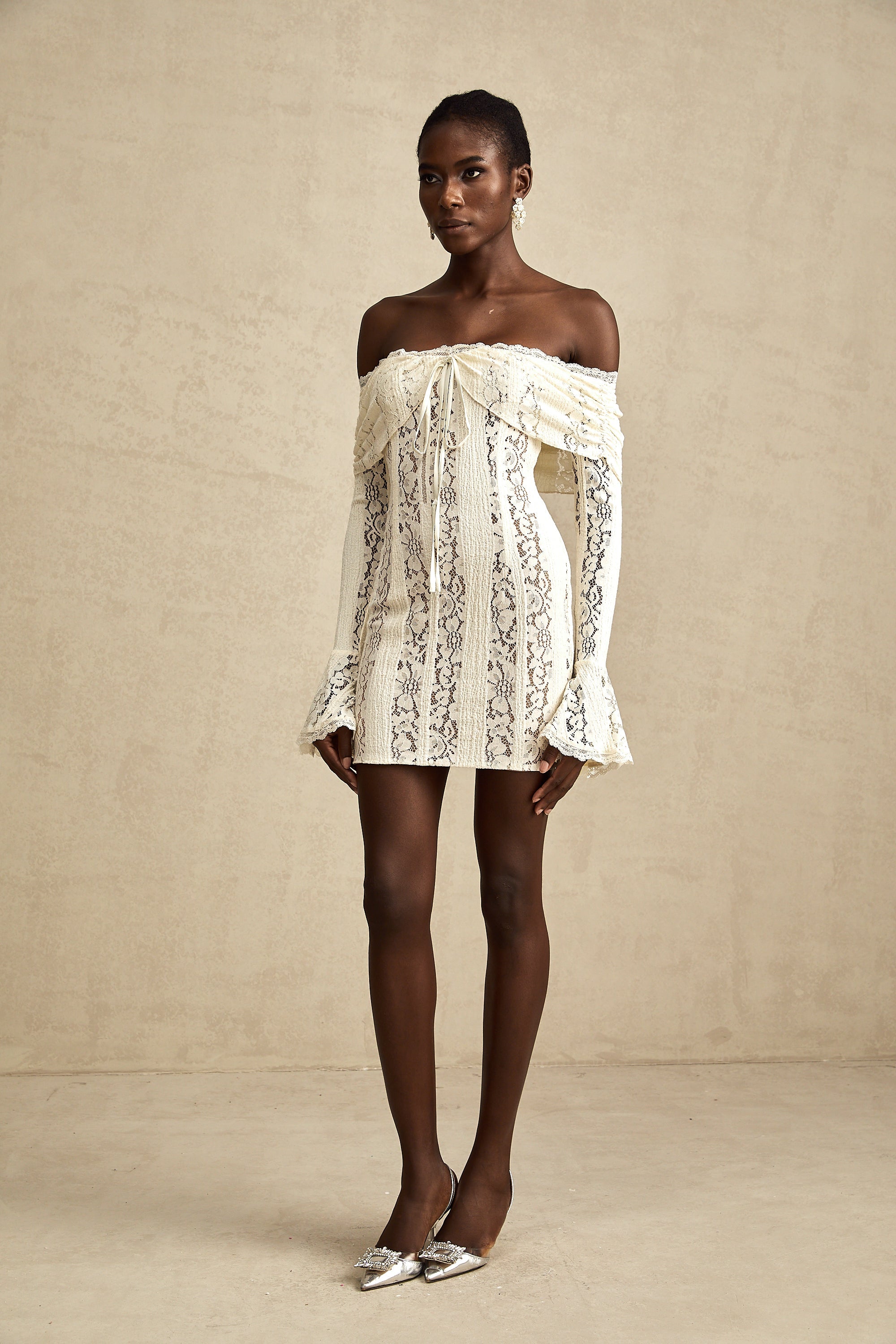 Émeline floral lace flared-cuff mini dress in Neutrals (Final Sale-US Only)