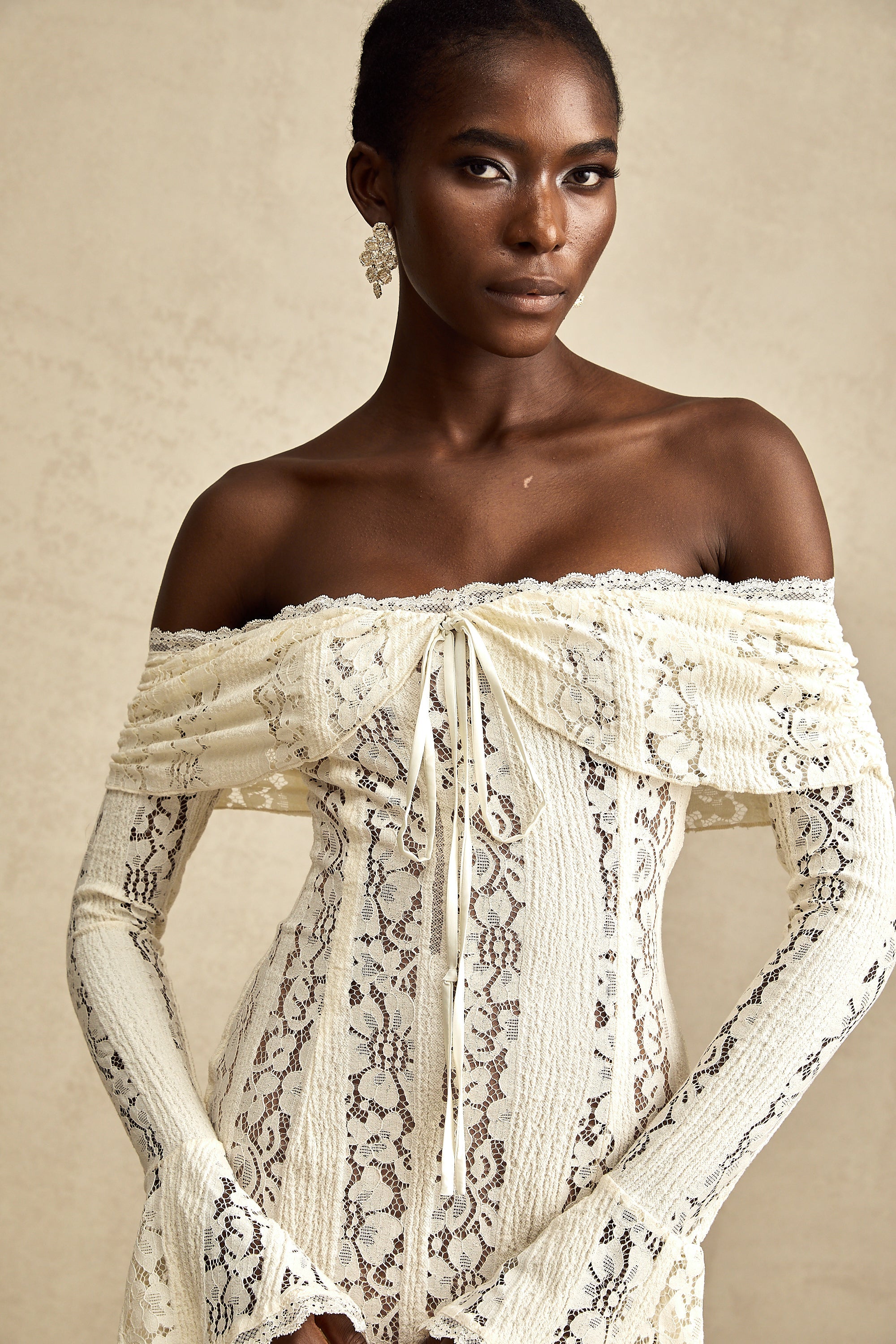 Émeline floral lace flared-cuff mini dress in Neutrals (Final Sale-US Only)