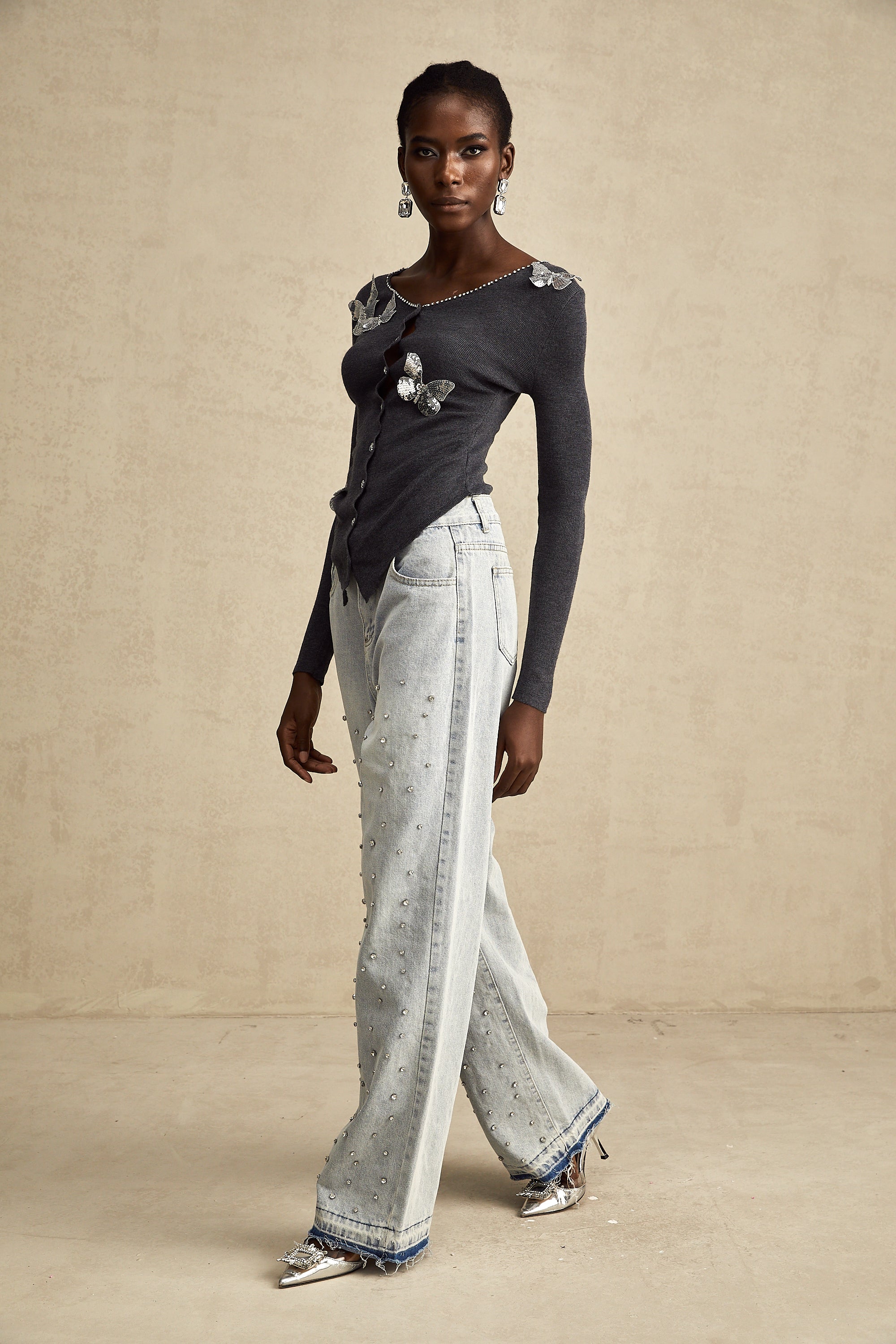 Anastasie grey sequined butterfly-motif cardigan (Final Sale)