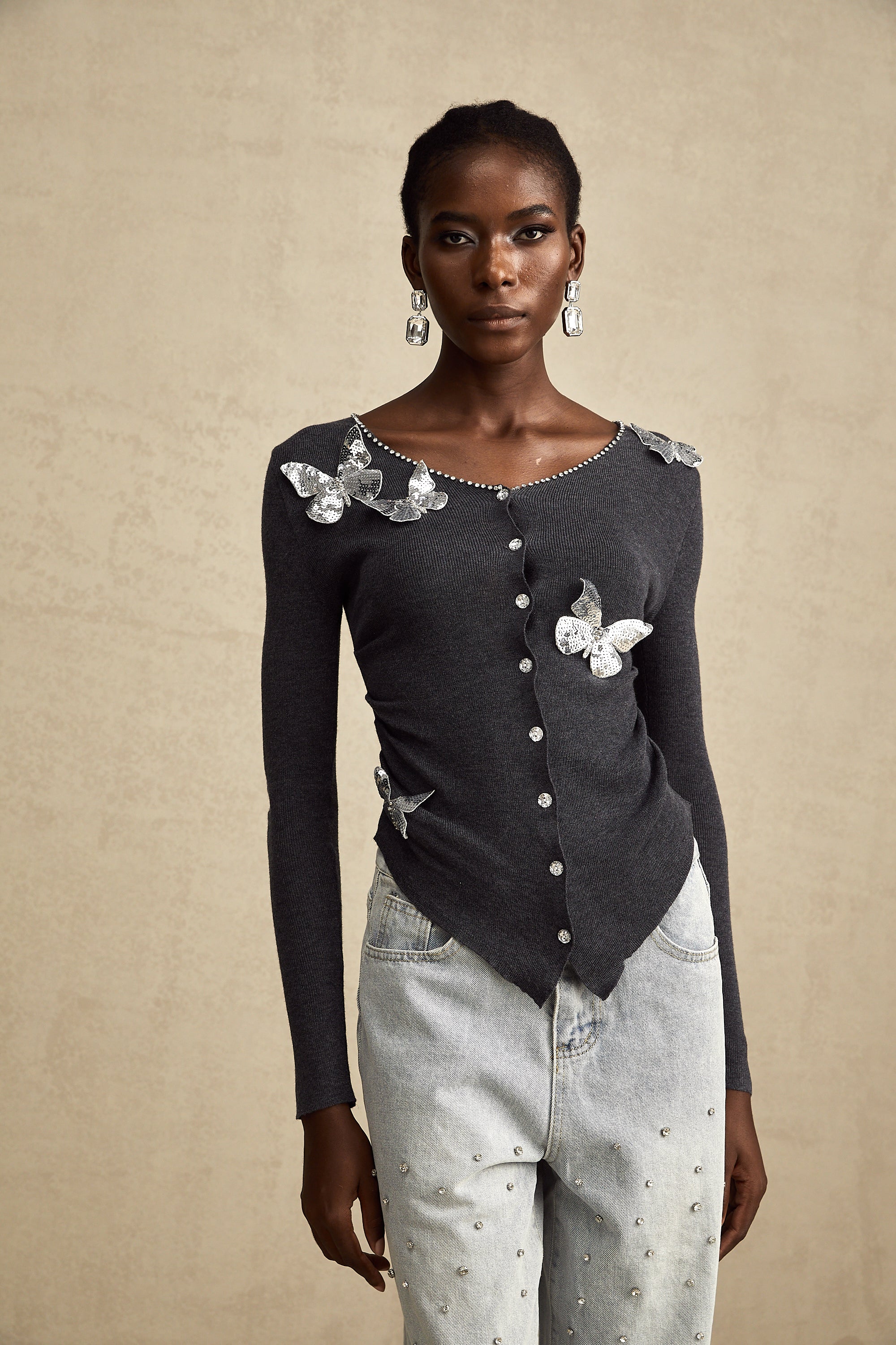 Anastasie grey sequined butterfly-motif cardigan (Final Sale)