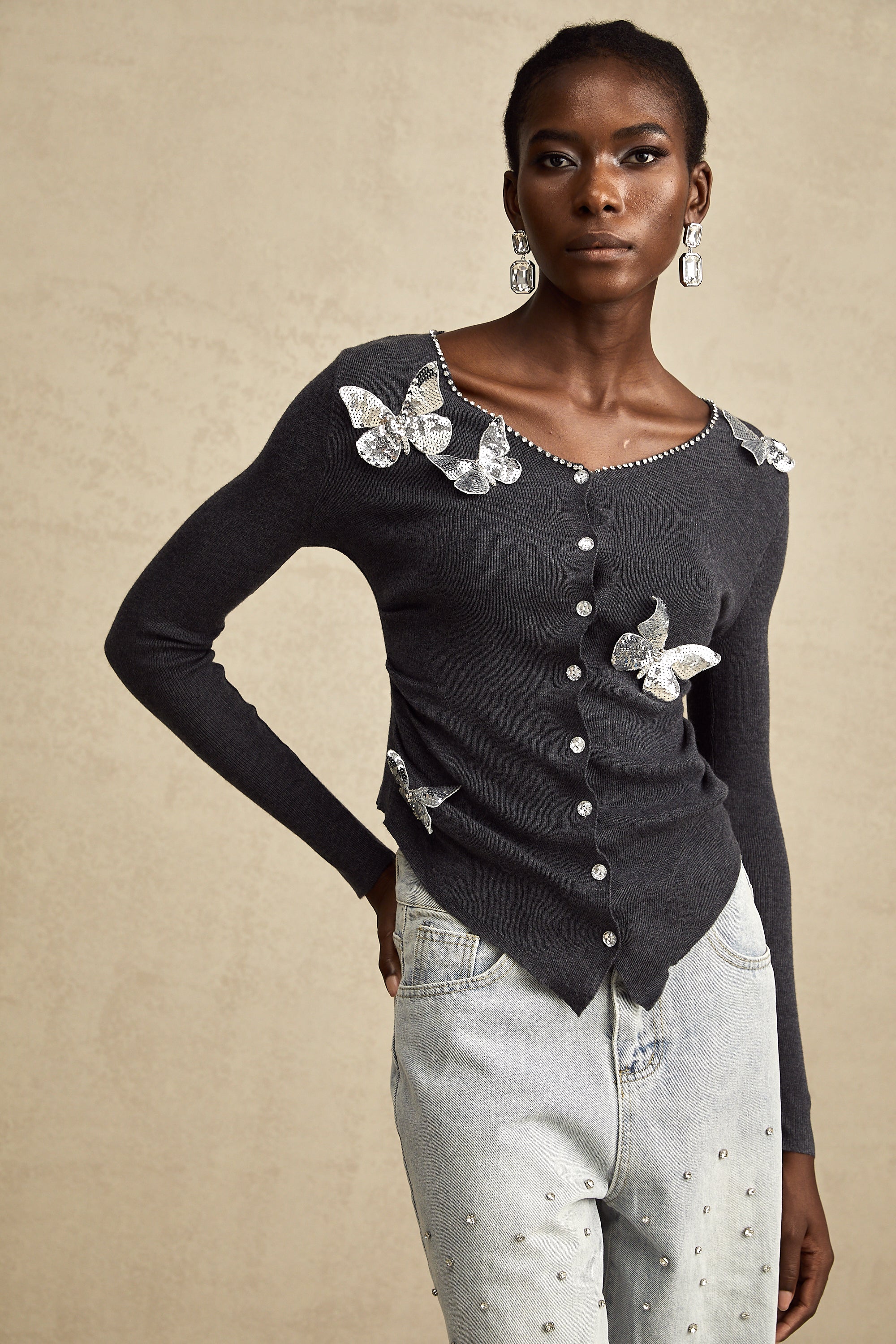 Anastasie grey sequined butterfly-motif cardigan (Final Sale)