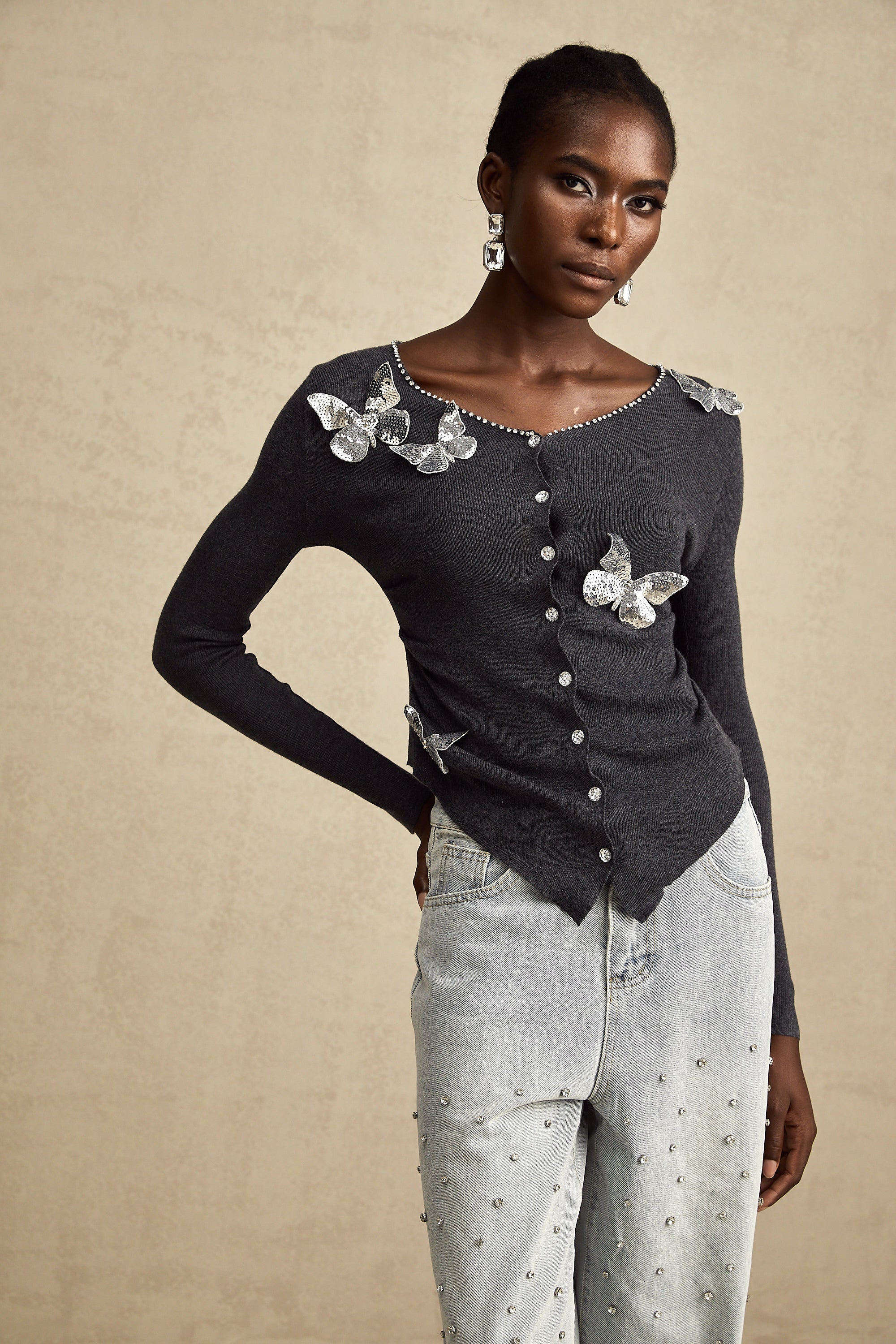 Anastasie grey sequined butterfly-motif cardigan (Final Sale)