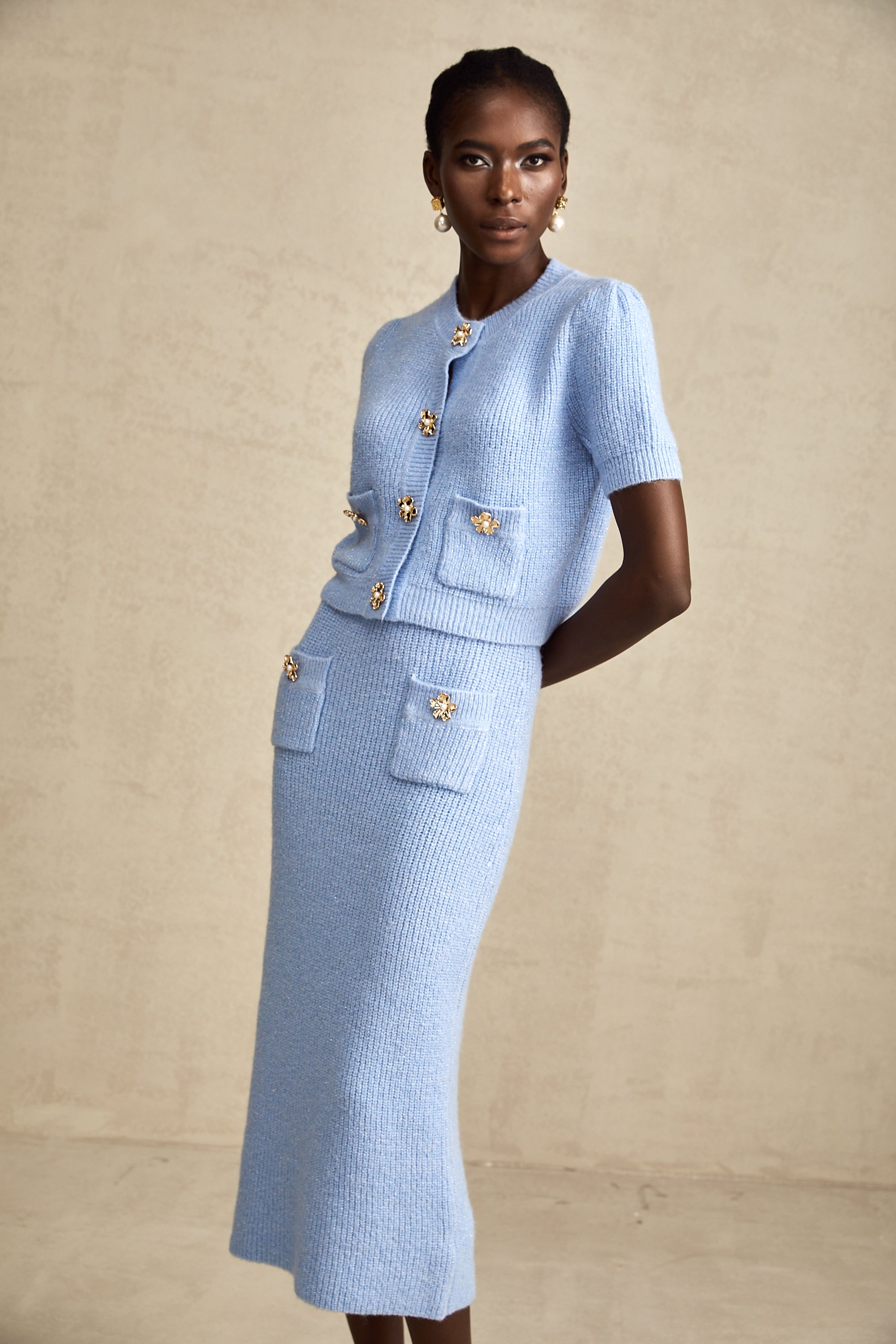 Chantal Blue Knit Two-Piece Blouse and Skirt Set (Final Sale)