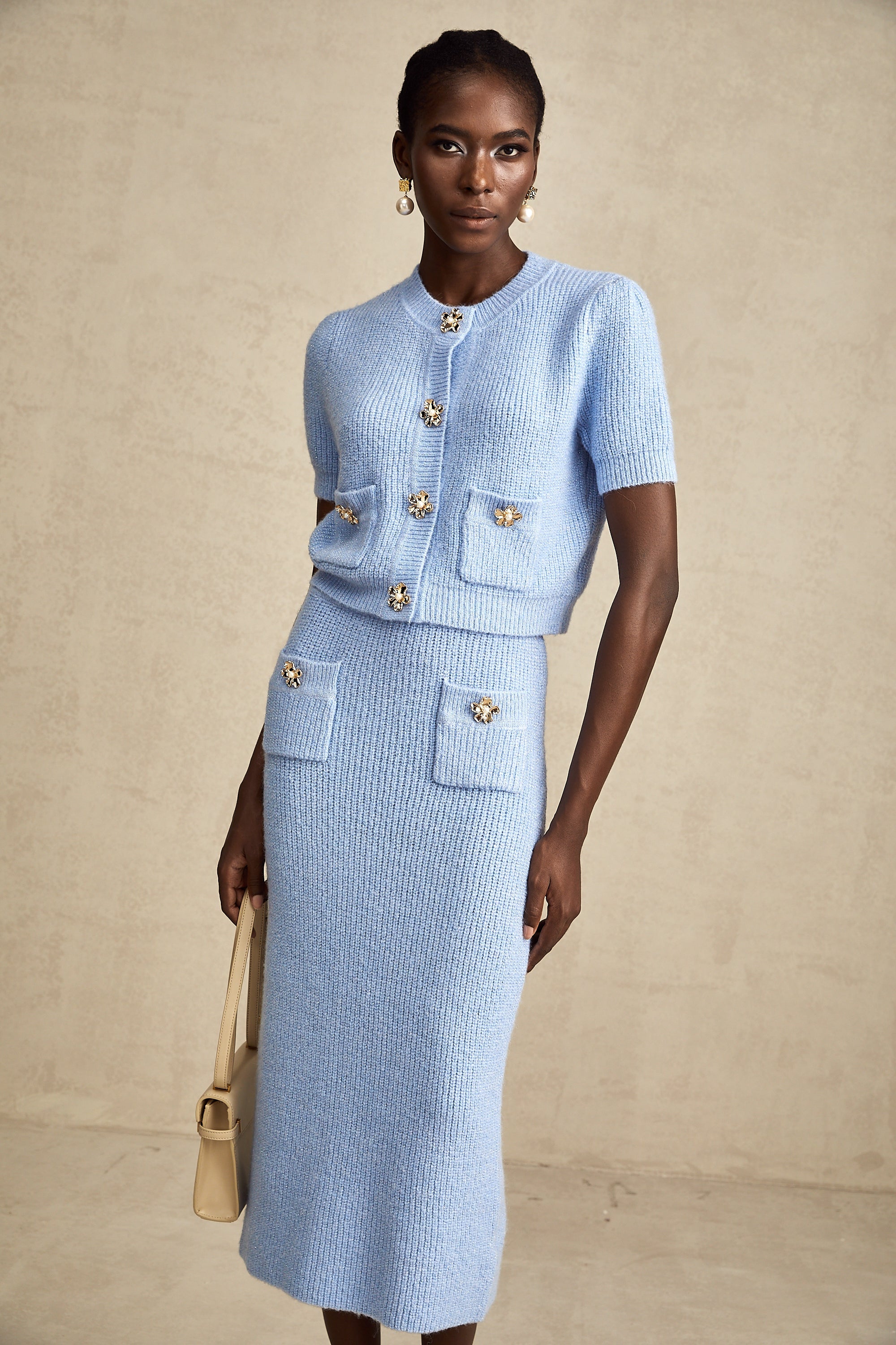 Chantal Blue Knit Two-Piece Blouse and Skirt Set (Final Sale)