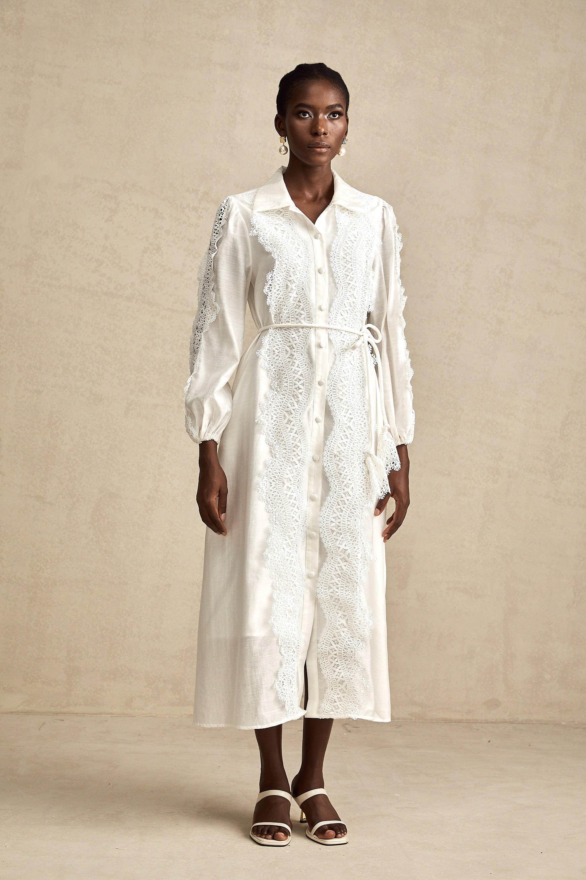Colette white lace-detail tied-waist midi dress (Final Sale-US Only)