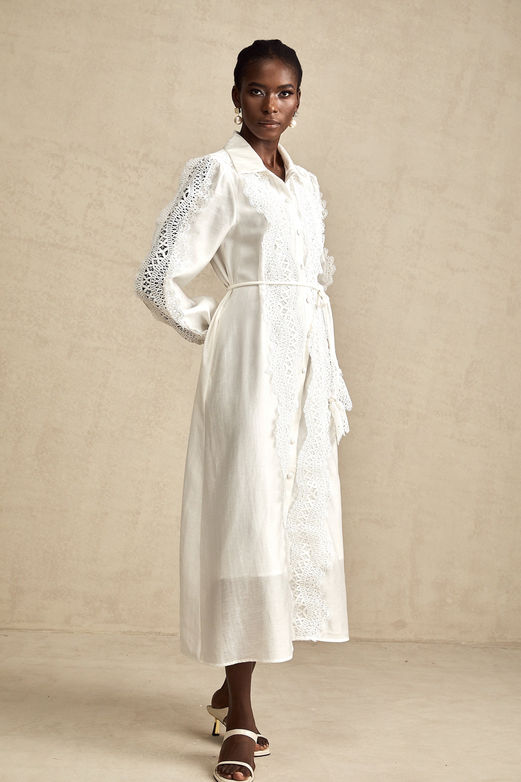 Colette white lace-detail tied-waist midi dress (Final Sale-US Only)