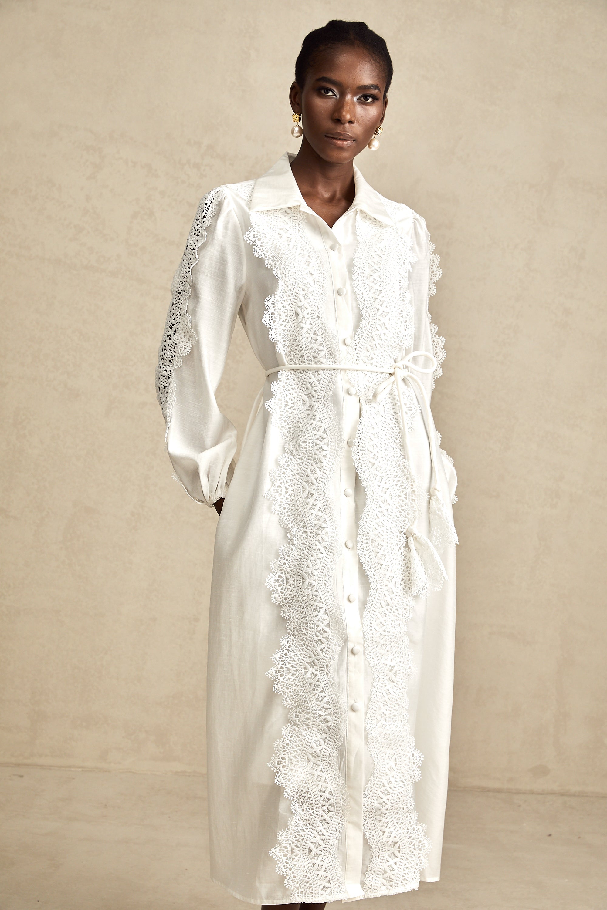 Colette white lace-detail tied-waist midi dress (Final Sale-US Only)