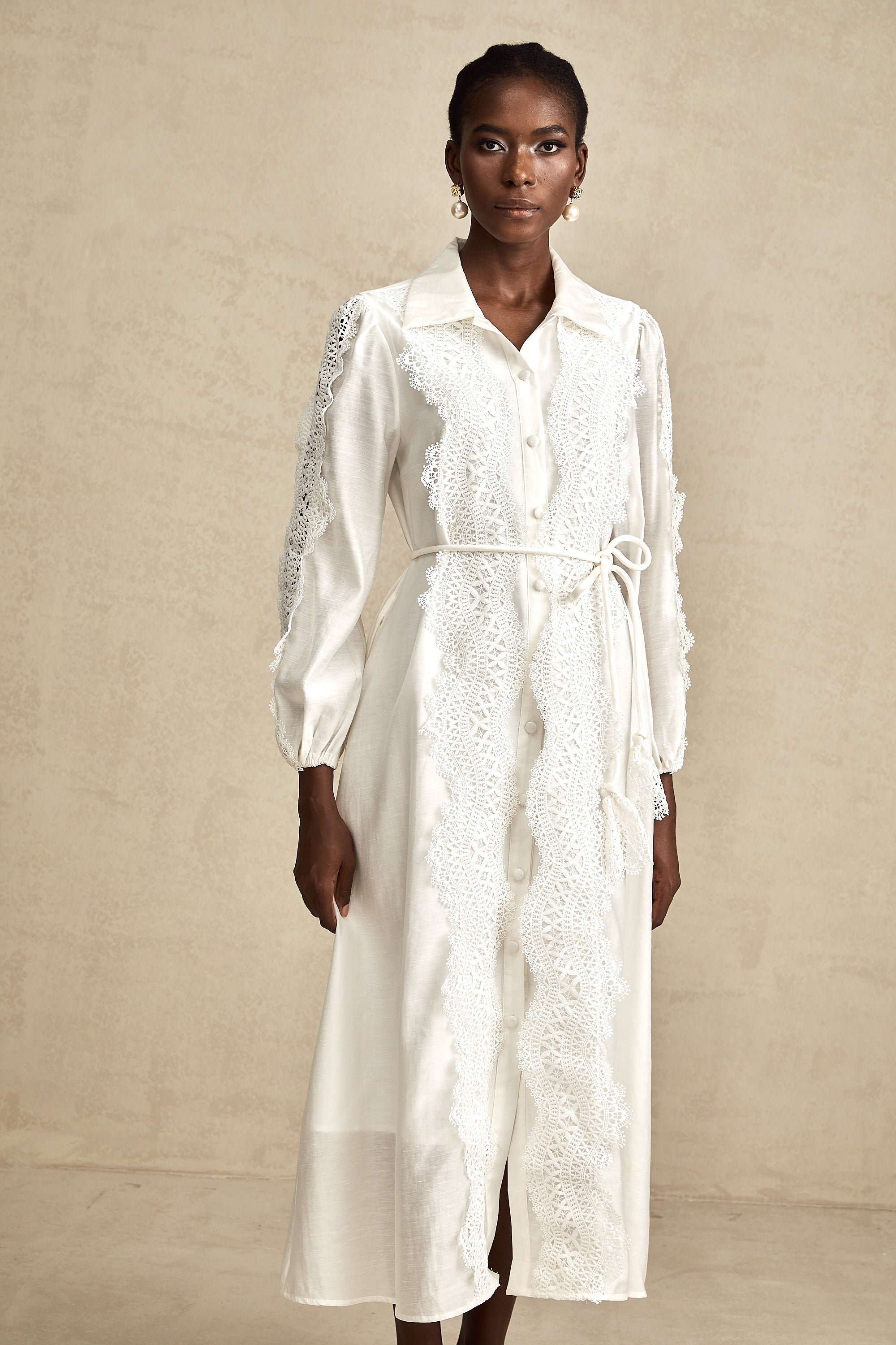 Colette white lace-detail tied-waist midi dress (Final Sale-US Only)