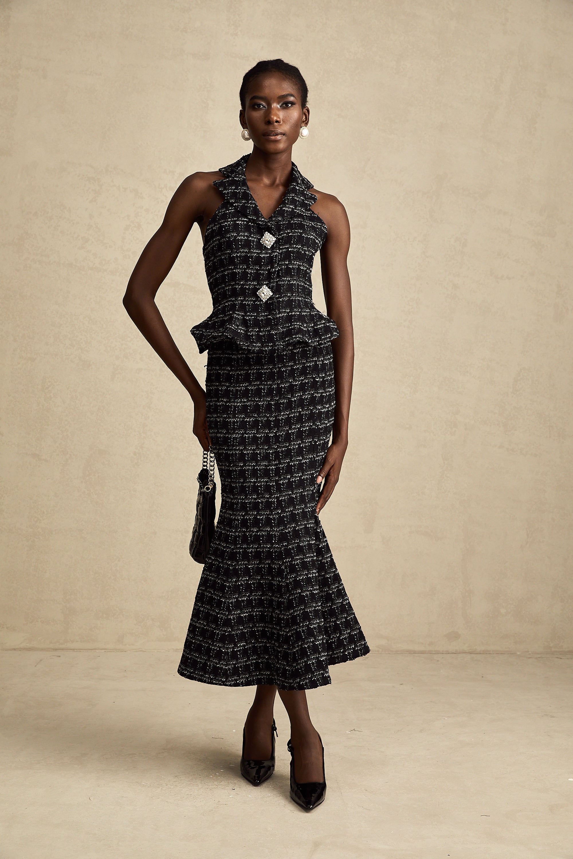Axelle black checked tweed vest top & skirt matching set (Final Sale)