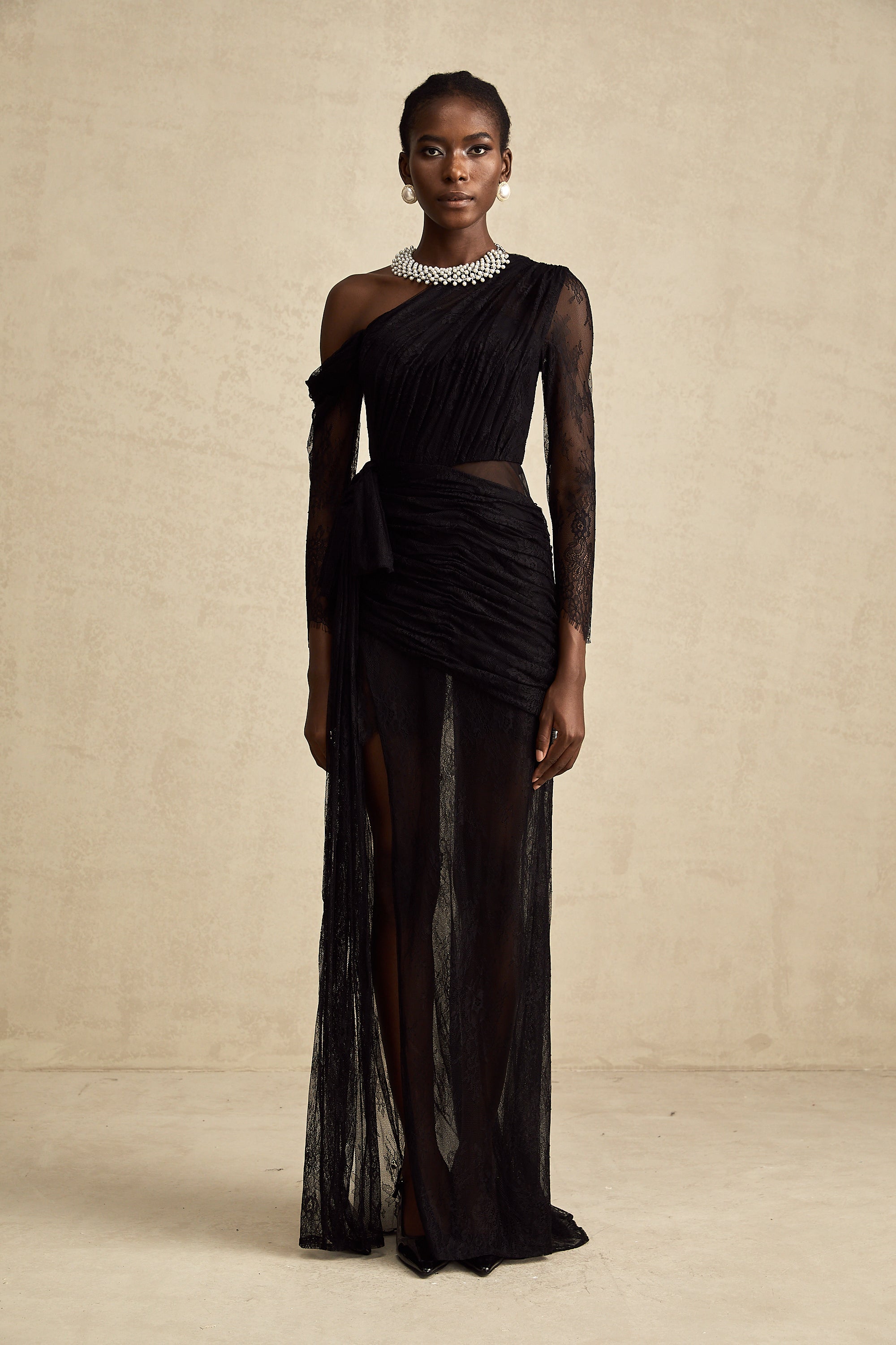 Black One-Shoulder Lace Maxi Dress with Ruched Detailing and High Leg Slit