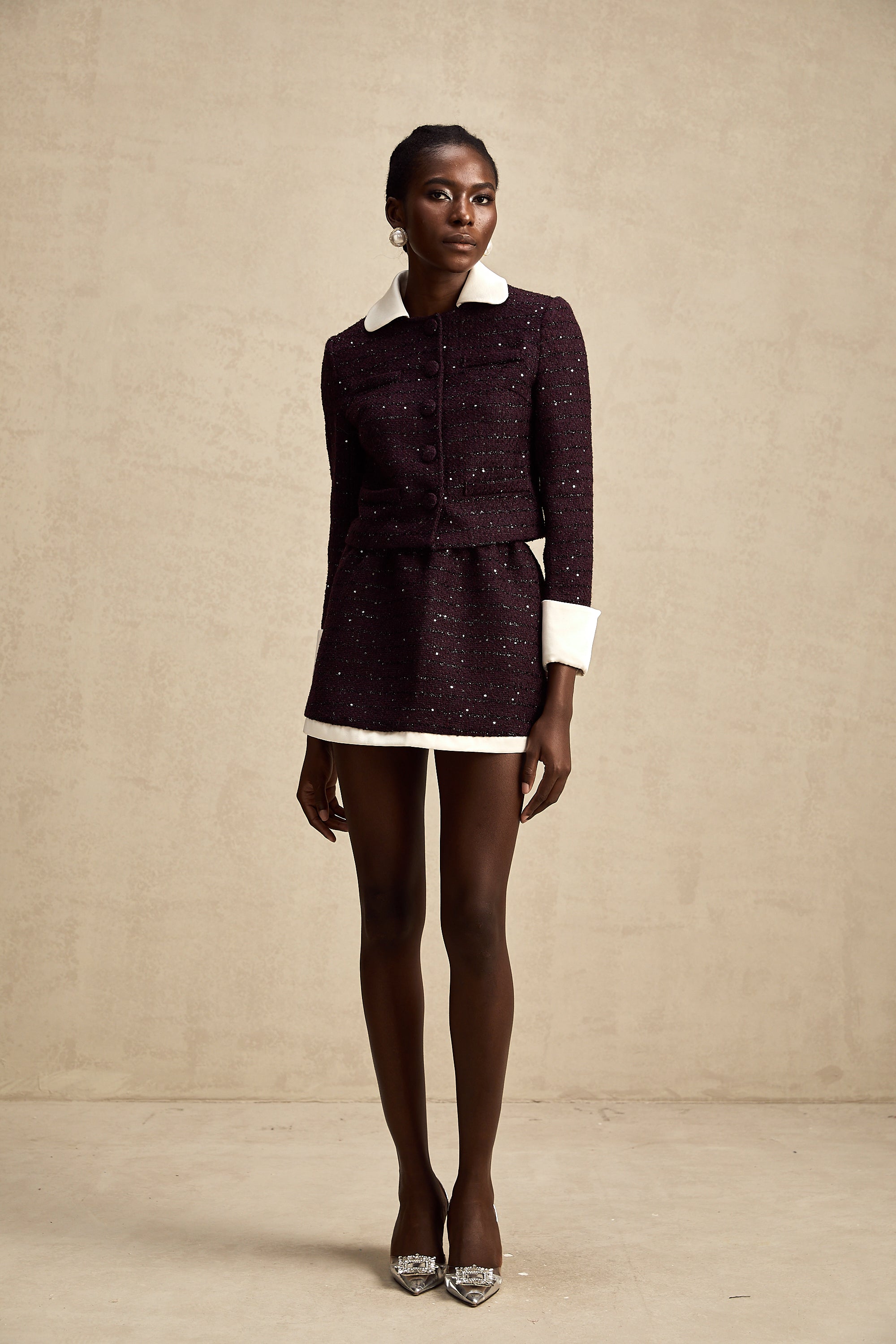 Brigitte purple sequined tweed jacket & skirt matching set (Final Sale-US Only)