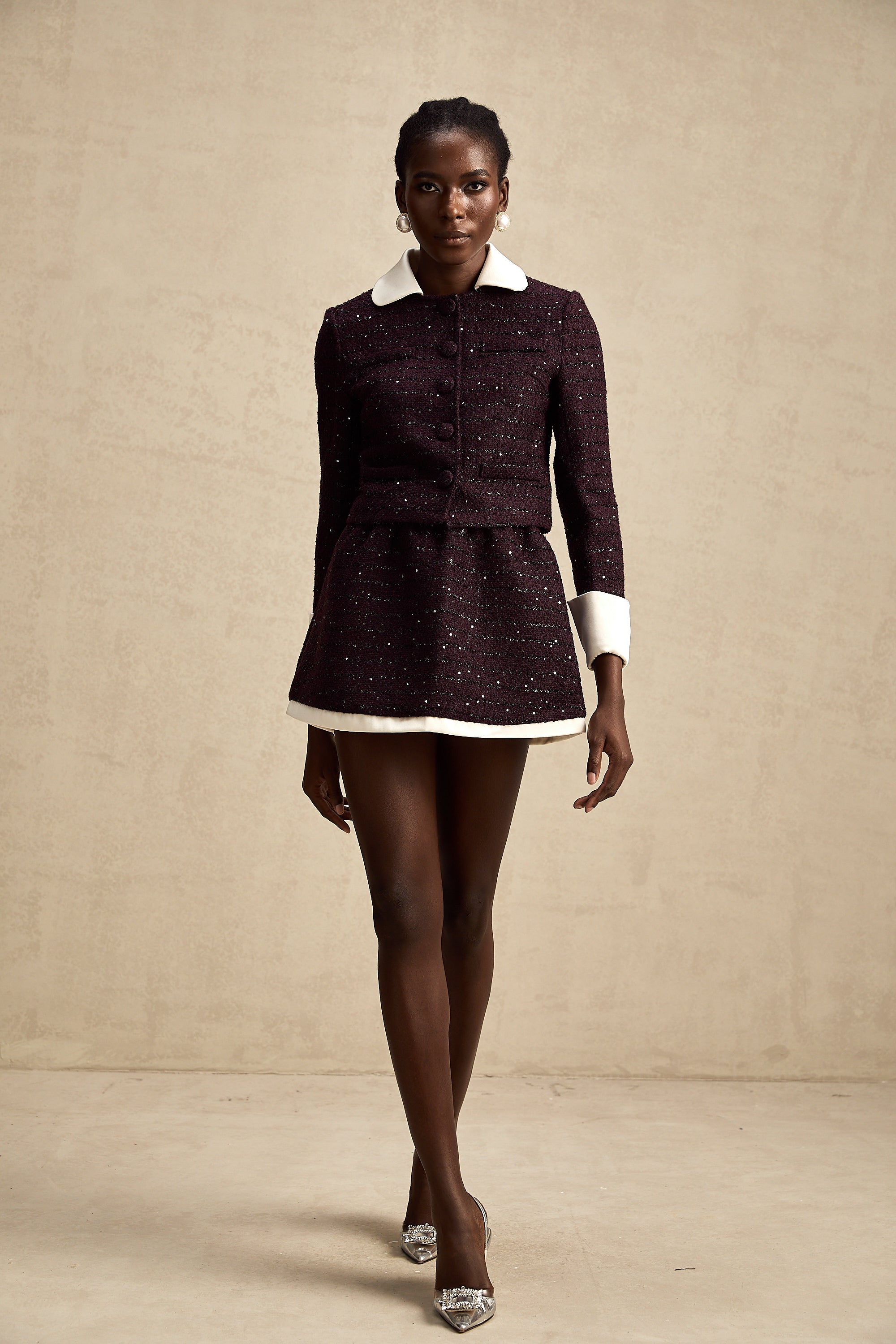 Brigitte purple sequined tweed jacket & skirt matching set (Final Sale-US Only)